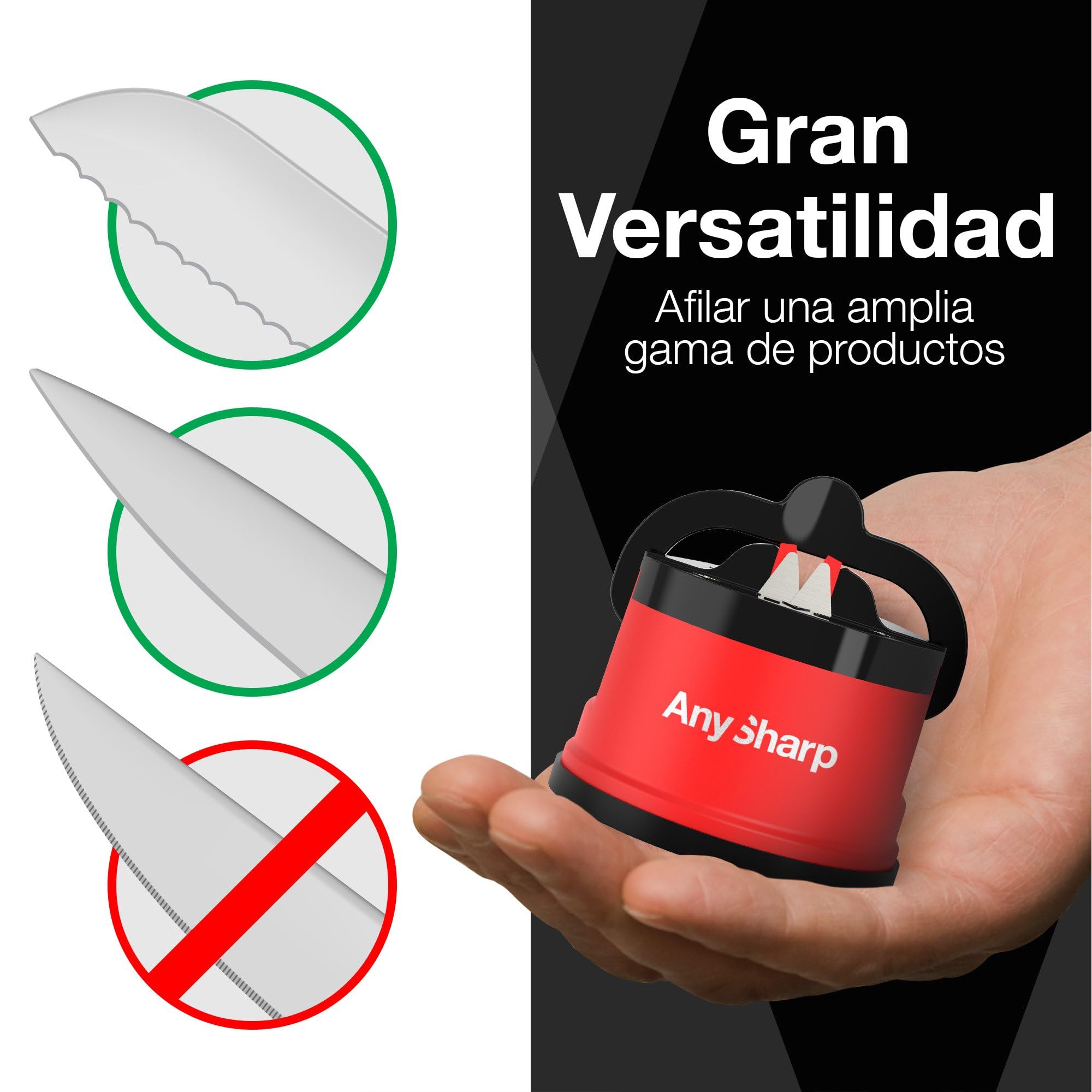 AnySharp Afilador de Cuchillos, Seguridad sin Manos, Ventosa, Afila con Seguridad Todos los Cuchillos de Cocina, Ideal para Acero Endurecido y Dentados, El Mejor del Mundo, Compacto, Rojo