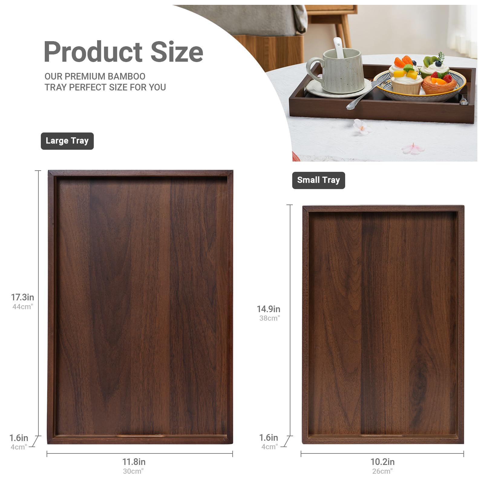 Bandeja grande de madera de bambú con asa, rectangular de madera maciza natural, color nogal negro. Adecuado para almuerzo, cena, café, bares de fiesta. (14.9 x 10.2 x 1.57 pulgadas)
