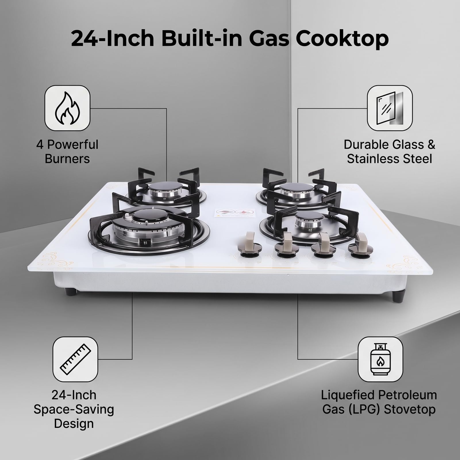 Haofy Cuisinière à Gaz 4 Brûleurs 24 Pouces, Table en Verre et Acier