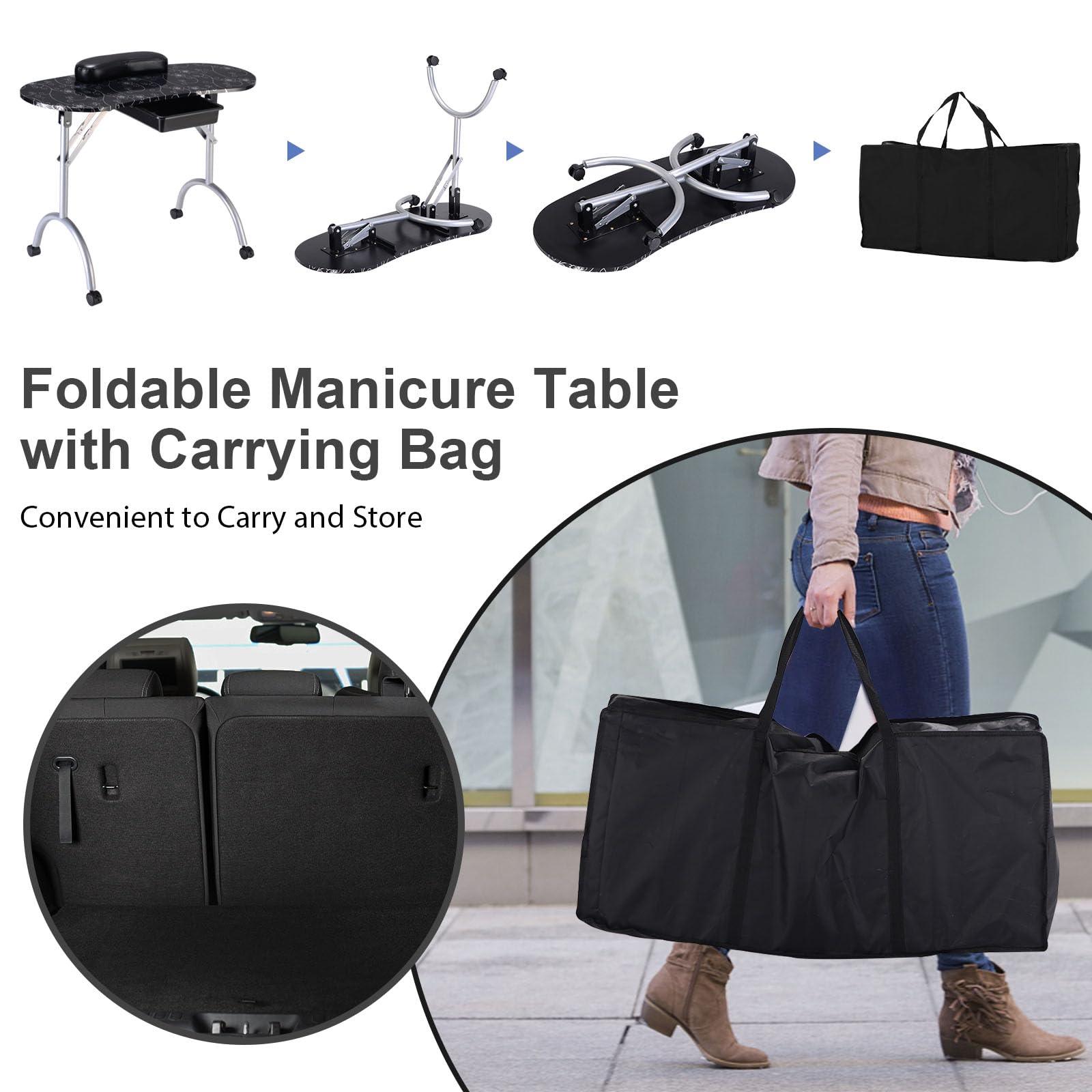 HOMASIS Klappbarer und abnehmbarer Maniküre-Tisch mit Handgelenkstütze und Schublade, Kosmetik-Schreibtisch mit Aufbewahrungstasche für Schönheitssalons, Zuhause, 90 x 37 x 69 cm, Schwarz