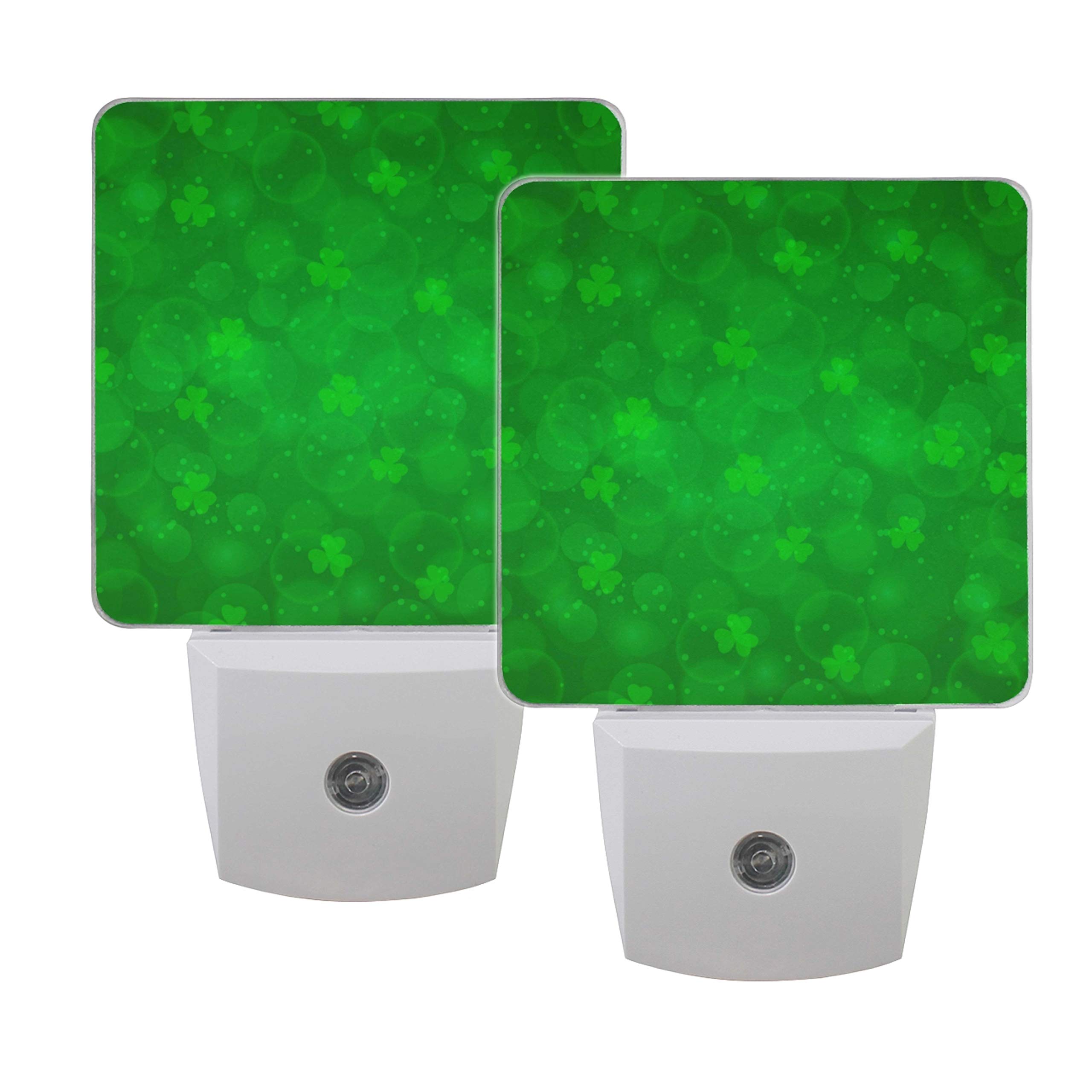 Naanle Set of 2 Green St Patricks Day Pattern Decorated Four Leaf Clover Irish Shamrock Neon Dot Bubble Auto Sensor LED Dusk to Dawn Night Light Plug in Indoor for Adults