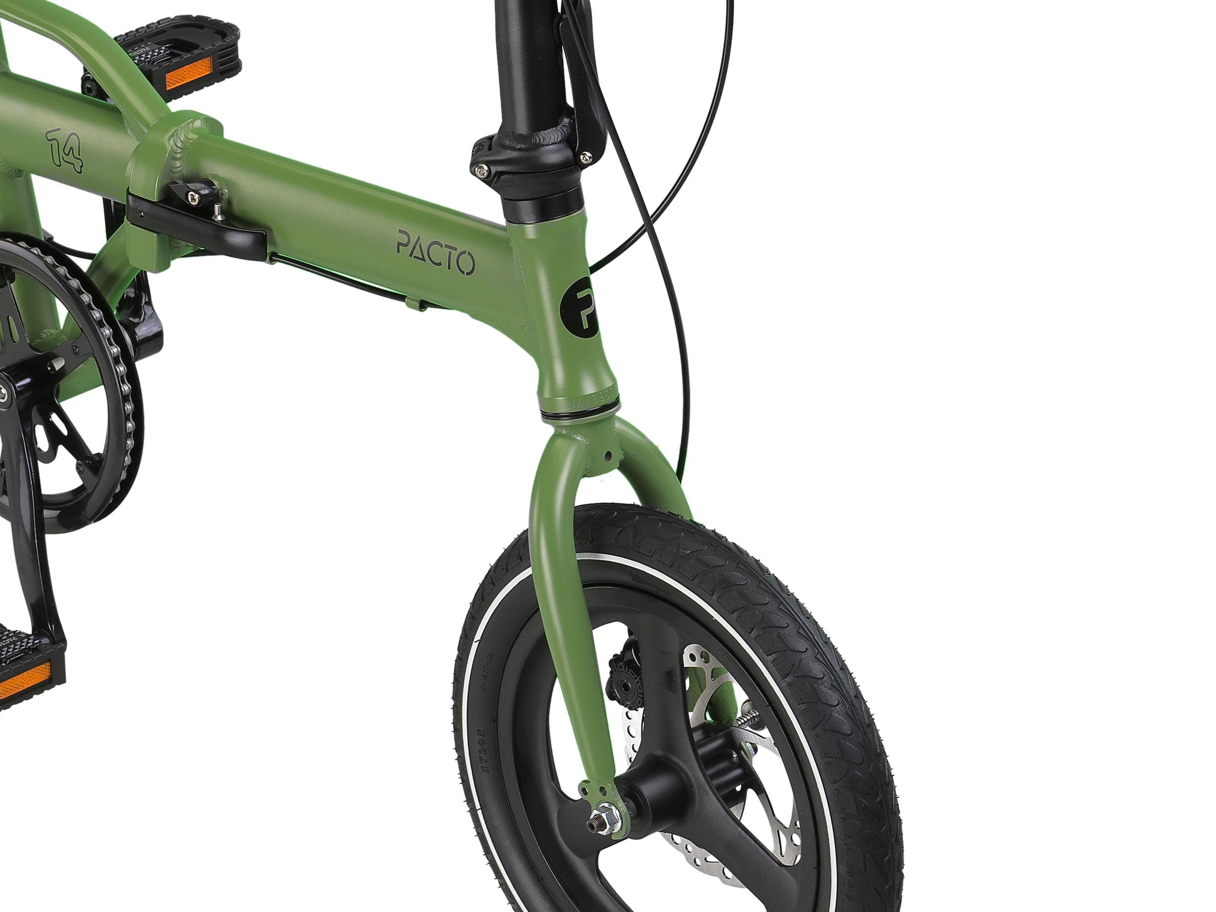 PACTO Vélo pliant 14 pouces de qualité supérieure - Cadre en aluminium léger et portable - Double freins à disque - Vitesse unique - 12 kg - Vélo pliant - Vélo hollandais - Vert