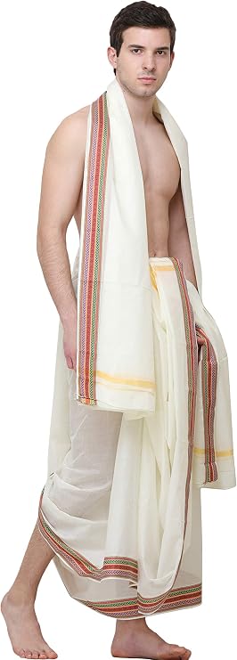 Plain Dhoti and Angavastram Set with Woven Border - Pure Cotton