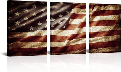 HOMEOART Vintage American Flag Canvas Wall Art - Patriotic Theme, Framed Print o