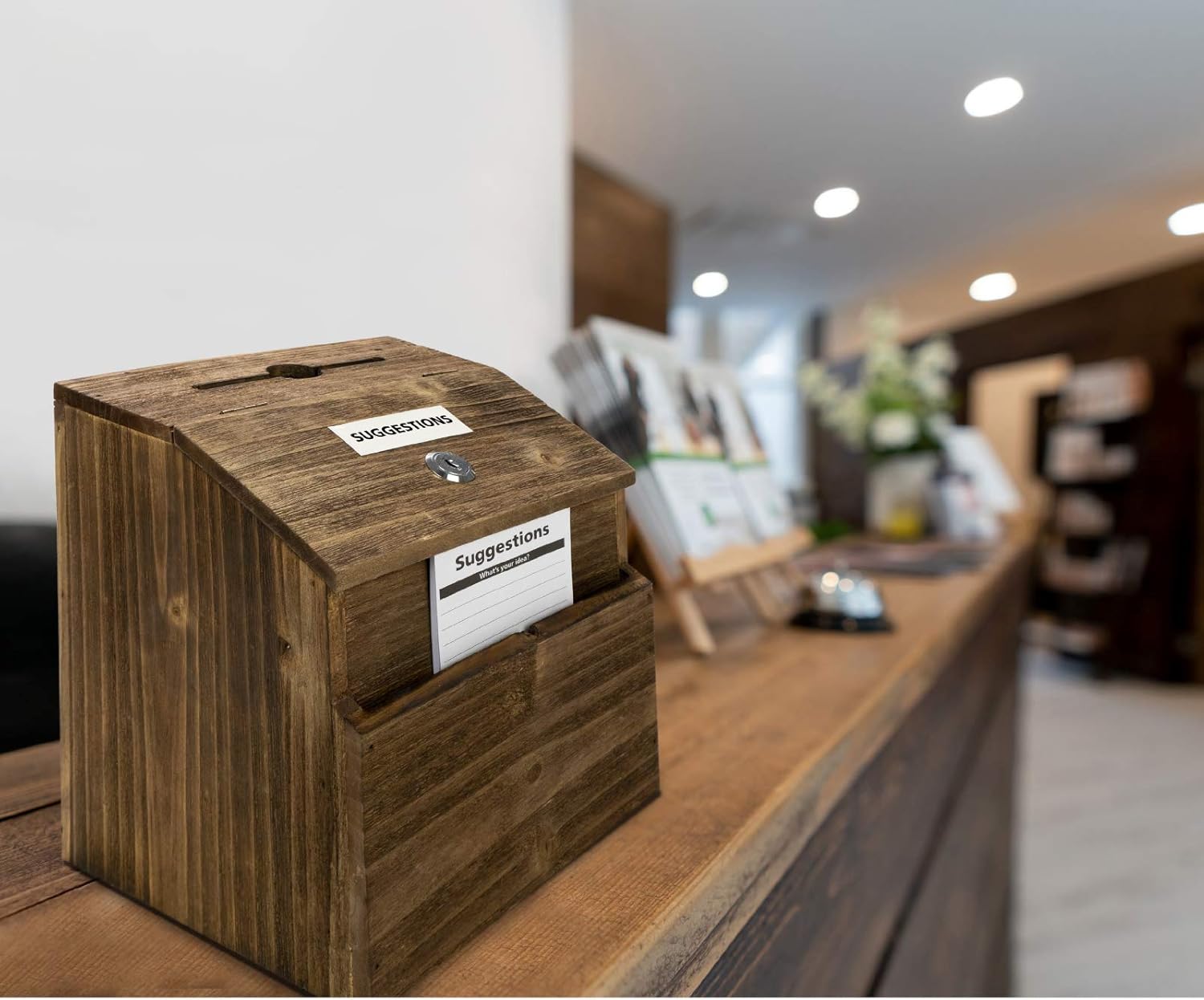 Excello Global Products Rustic Suggestion Box with Lock: Wooden Ballot Comment Box, Wall Mounted or Freestanding. Includes Printed Labels & Suggestion Pads Cards : Office Products