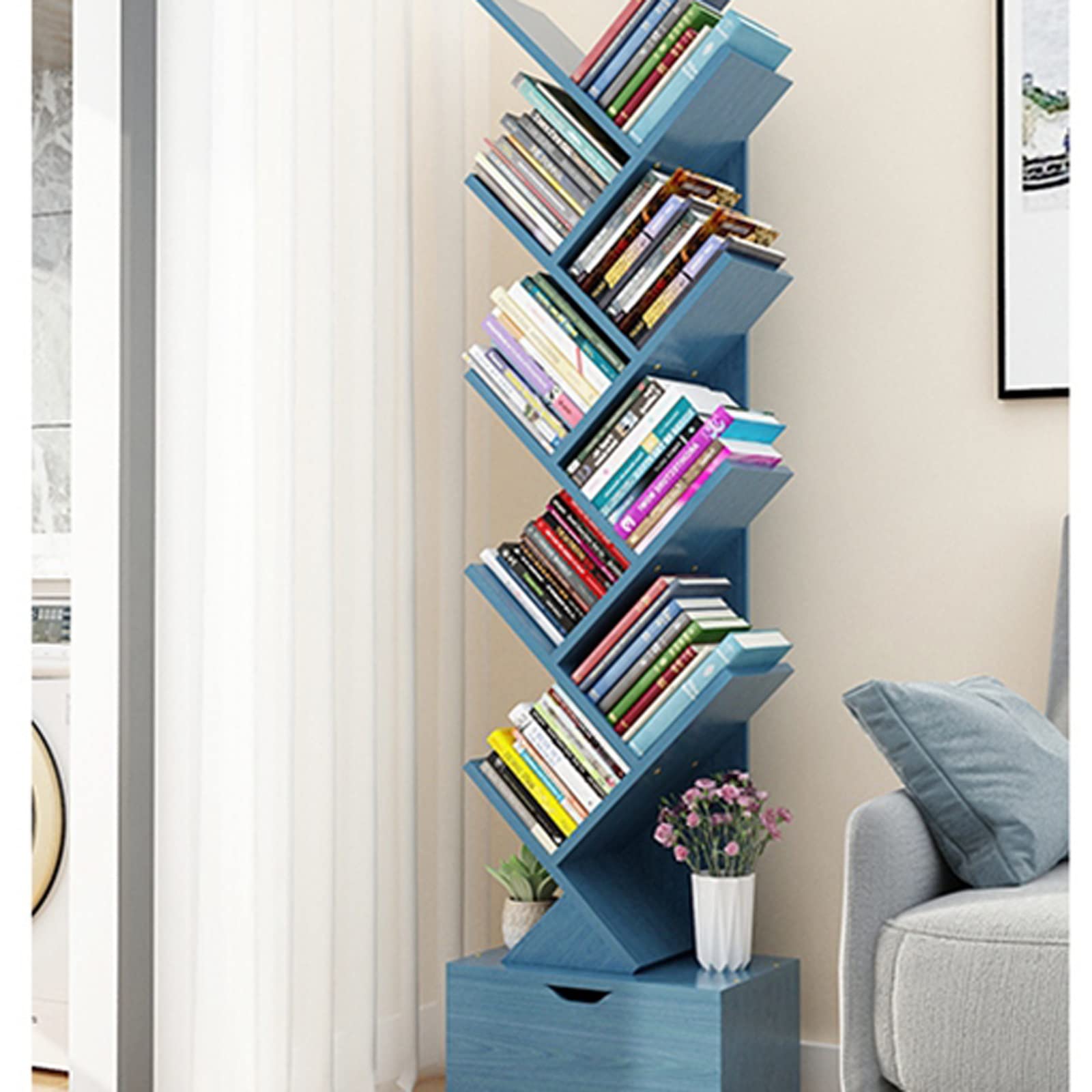Liudan Bücherschrank Baum-Bücherregal mit Schublade, 10 Regal Rustikales blaues Bücherregal, Desktop-Bücherregale Speicherregal for