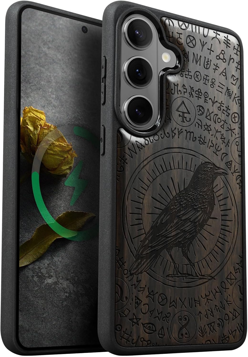 Carveit Magnetic Wooden Case for Samsung Galaxy S26 Case 2026, TPU Shockproof Cover & Wood Artisan Engraved, Compatible with MagSafe Wireless Chargers (Octopus Drawing) Rosy