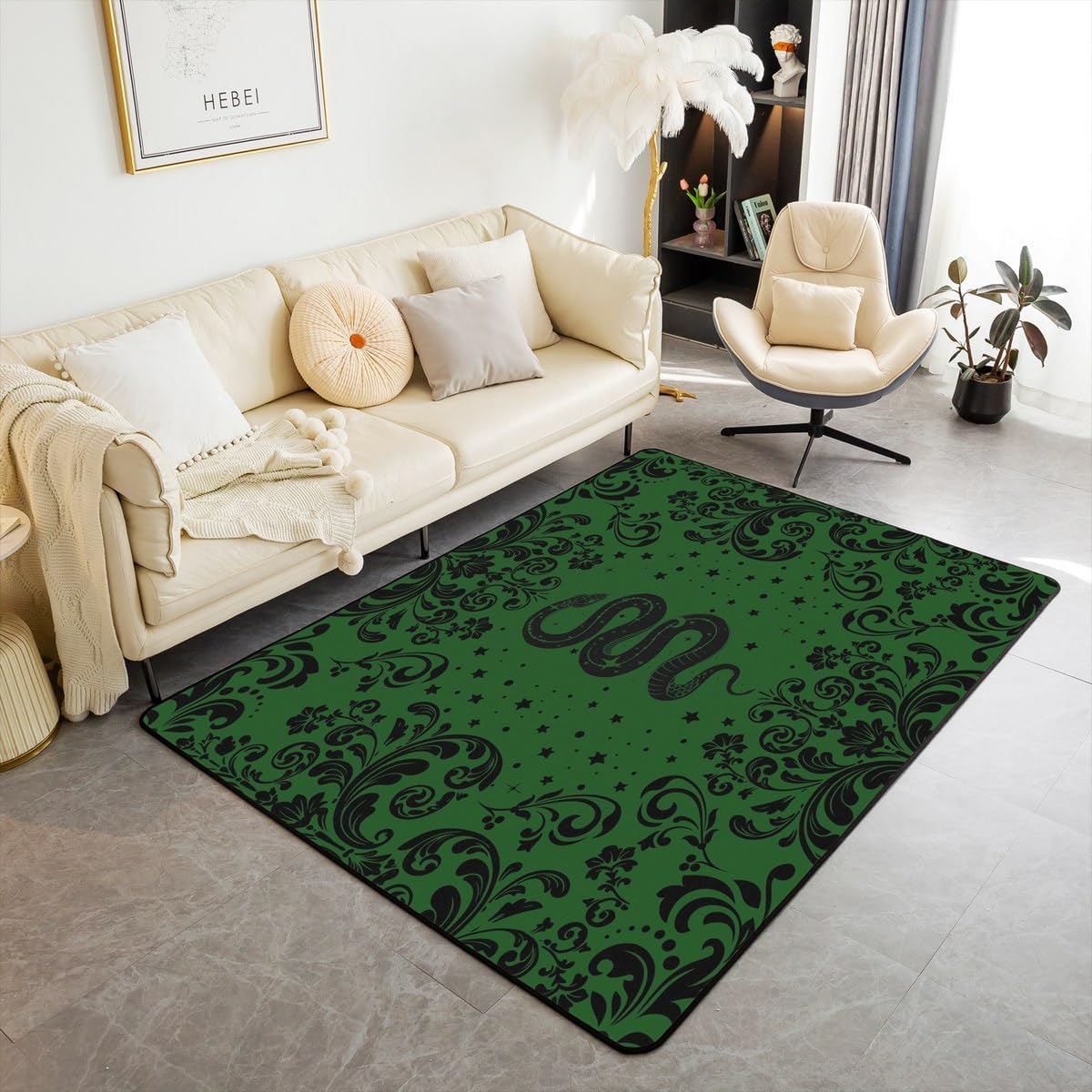 Erosebridal Gothic Snake Living Room Rugs 3x5 for Bedroom | Green Mysterious Gothic Wildlife Area Rug Goth Western Boho Hippie Carpet Non Slip Bohemian Floral Animal Indoor Floor Mat
