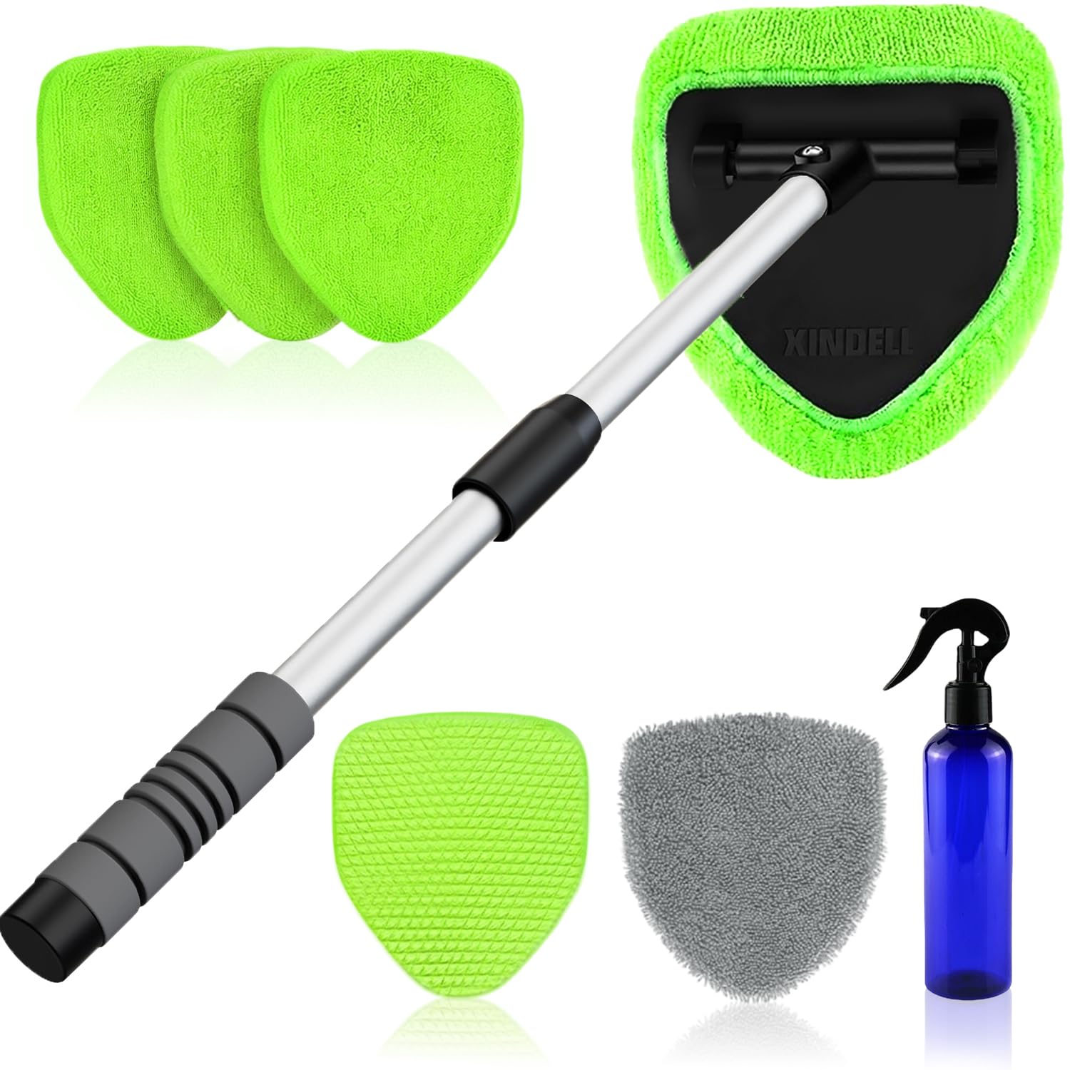 XINDELL Interior Windshield Cleaner Tool – Car Interior Window Cleaning Kit with 29inch Extended Long Handle & 4 Microfiber Pads, Auto Wiper Windshield Brush for Car, Trucks, SUVs, RVs & Home