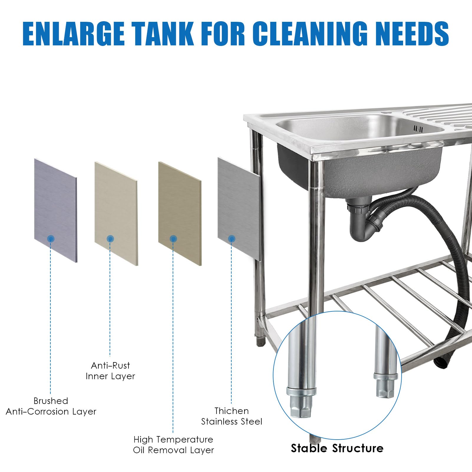 Évier Utilitaire en Acier Inoxydable, Ensemble d'évier de Cuisine Commercial autoportant à Une cuve avec Plan de Travail à Droite et Robinet Eau Chaude/Froide, idéal pour Garage, r