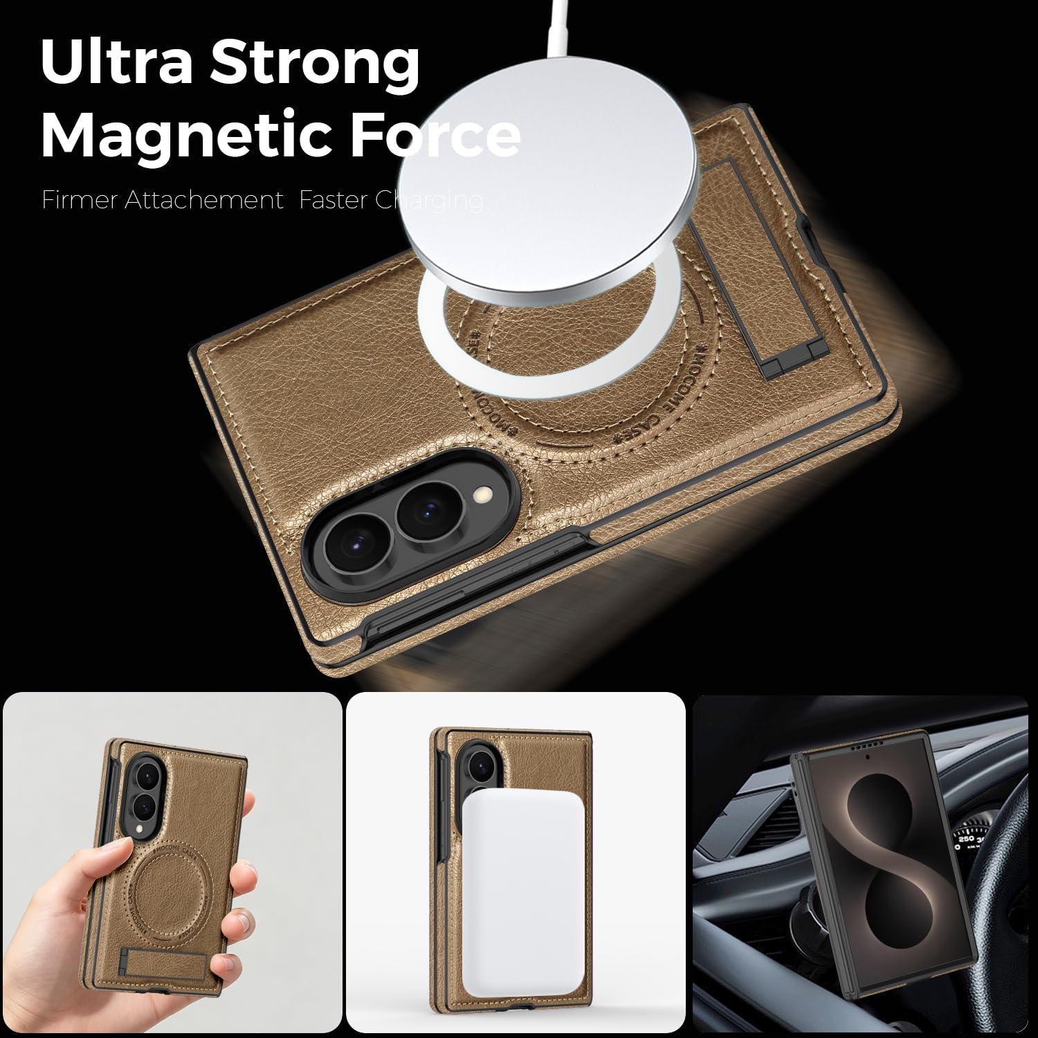 Funda para Samsung Galaxy Z Fold 8 con Soporte Integrado, Dorado | Soporte Ajustable hasta 60°, Anillo Magnético Integrado, Estructura de PC y TPU, Bordes Elevados, Acabado Exterior de PU