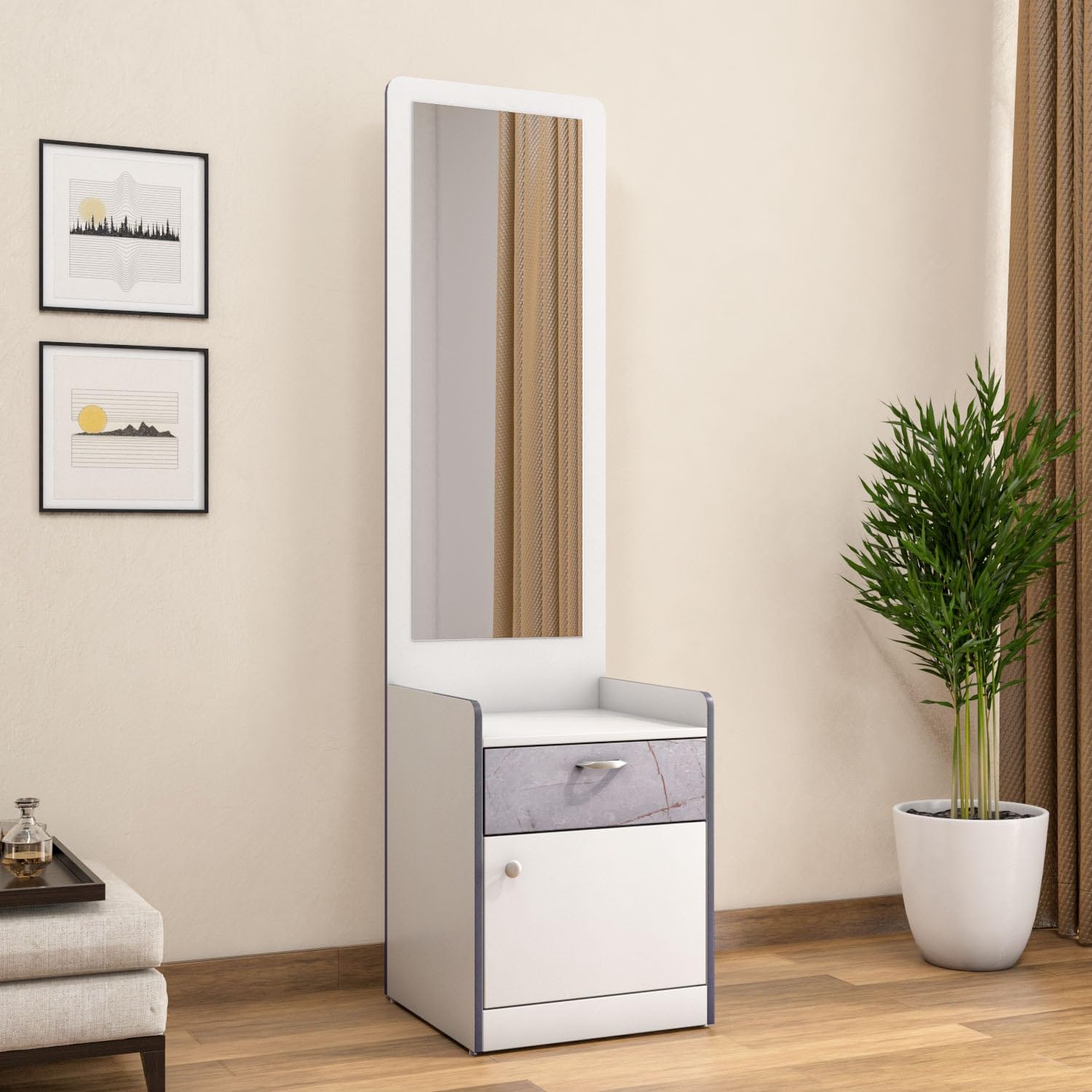 Nilkamal Marbito Dresser with Mirror| Engineered Wood Build| Spacious Top Shelf|Drawer with Marble-Finish and Cabinet | 1 Year Warranty |Frosty White-image-10