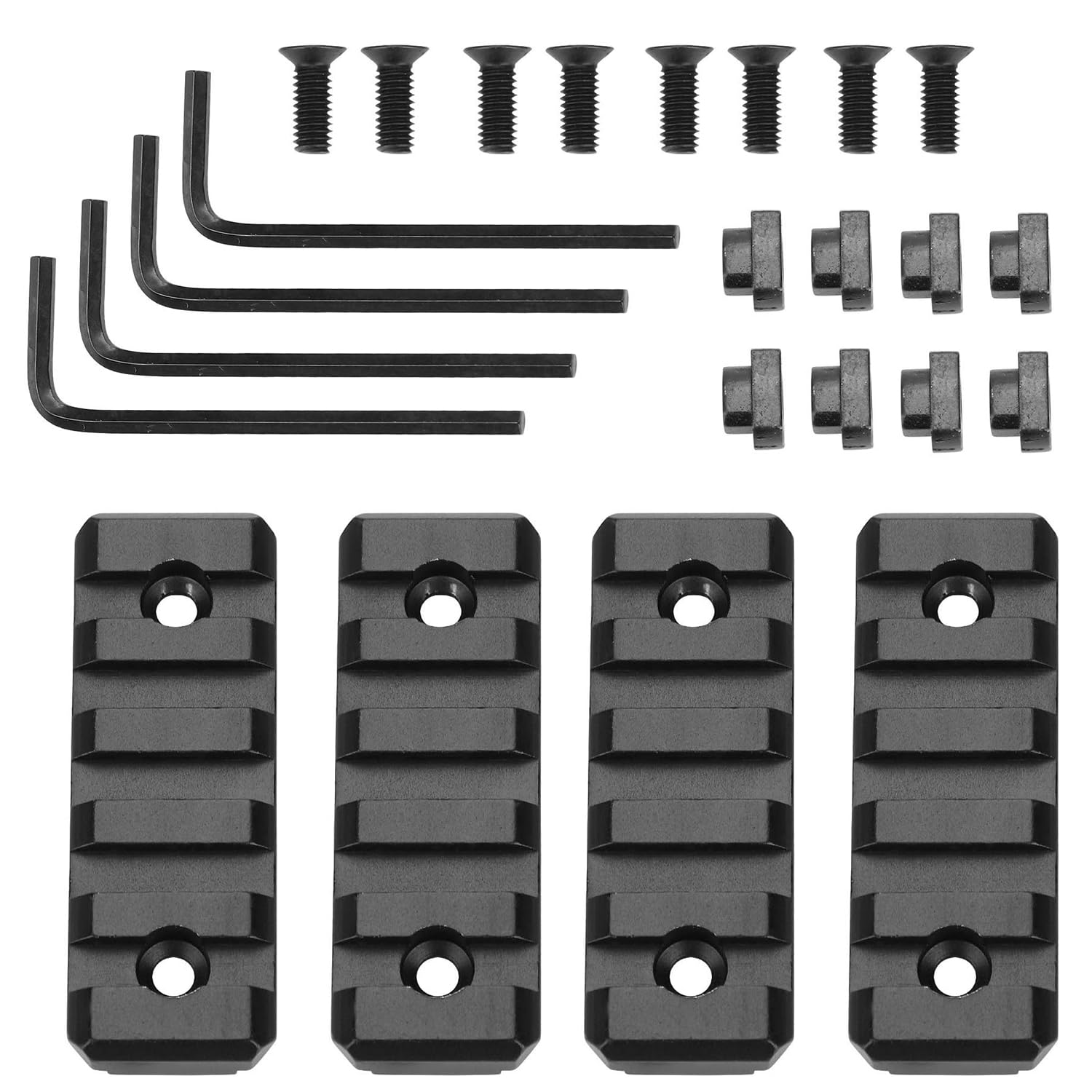 ATFLBOX 4 Stück Picatinny-Schienen für Mlock, 5 Slot Metall Mloc Picatinny-Schiene mit 8 T-Muttern & Schrauben, 4 Inbusschlüssel