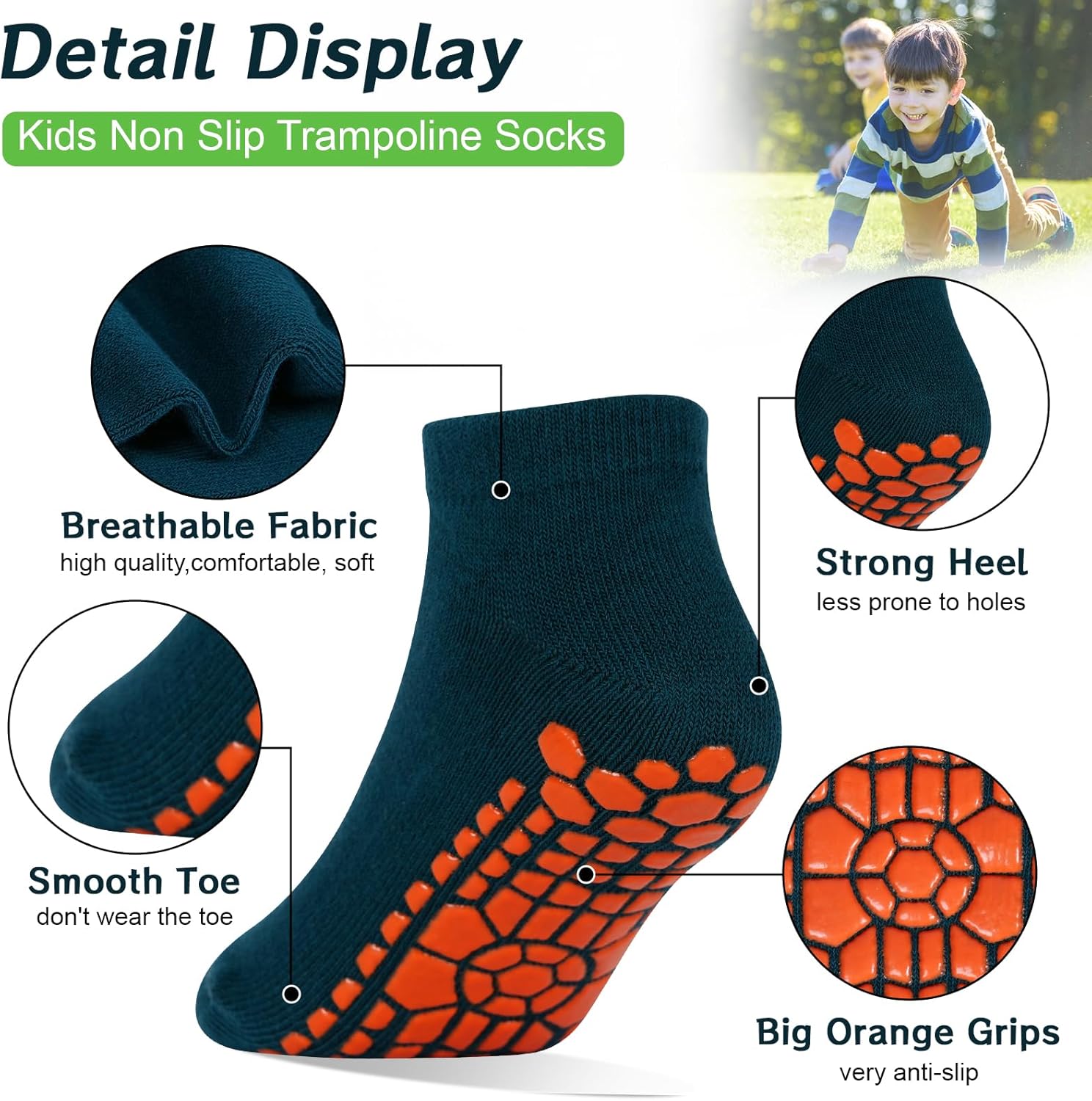 Kids Non Slip Trampoline Socks 6 Pairs, Kids Grip Ankle Socks, Athletic Sock for Boys Girls 2-5/6-9/10-13 Years - Image 7