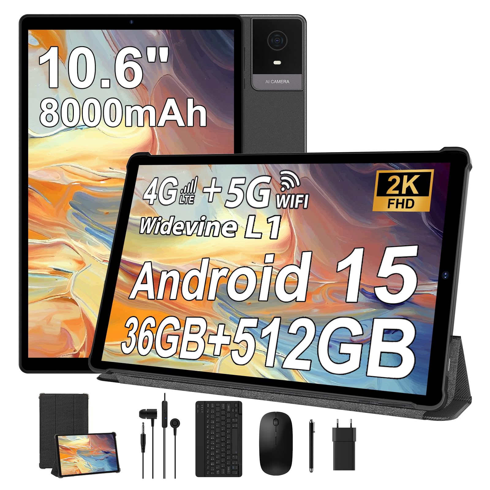 RUSHAR Tablet 10.6 Pollici con Tastiera, Android 15 Tablet con 36GB RAM+512GB ROM(TF 1TB), 4G LTE+5G WiFi, IPS 2K HD, 8000mAh, Octa-Core, 13MP+8MP, BT 5.0, GPS, Tablets in offerta e Mouse, Nero