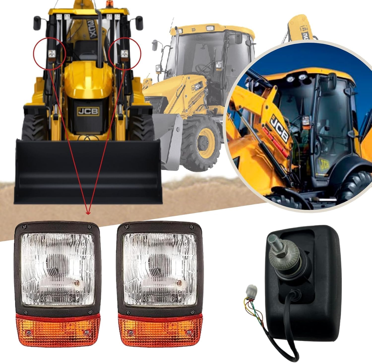 JCB Headlight for Backhoe Loaders, Loadall, Telehandlers, Universal 2CX,3C, 3CX, 3D, 3DX, 4C, 4CN, 4CX - Amber/Clear Lens 12V Head Lights With Indicator, Replacement JCB Part 700/38400