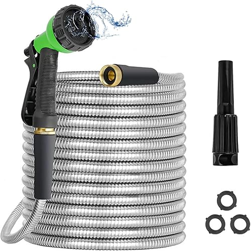 Manguera de jardín flexible de 100 pies, manguera de jardín de acero inoxidable con boquilla multifunción, sin torceduras y sin enredos, manguera de