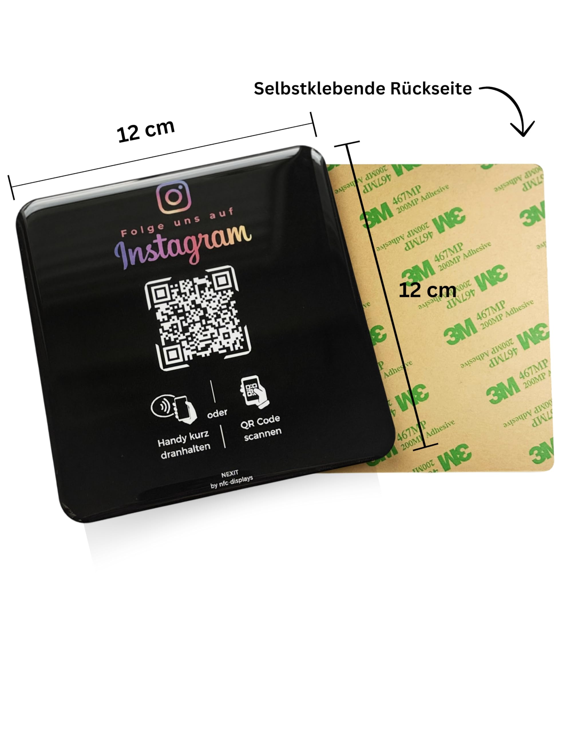 Karte/Schild für Instagram mit QR-Code und NFC (12x12cm selbstklebend) - schwarz