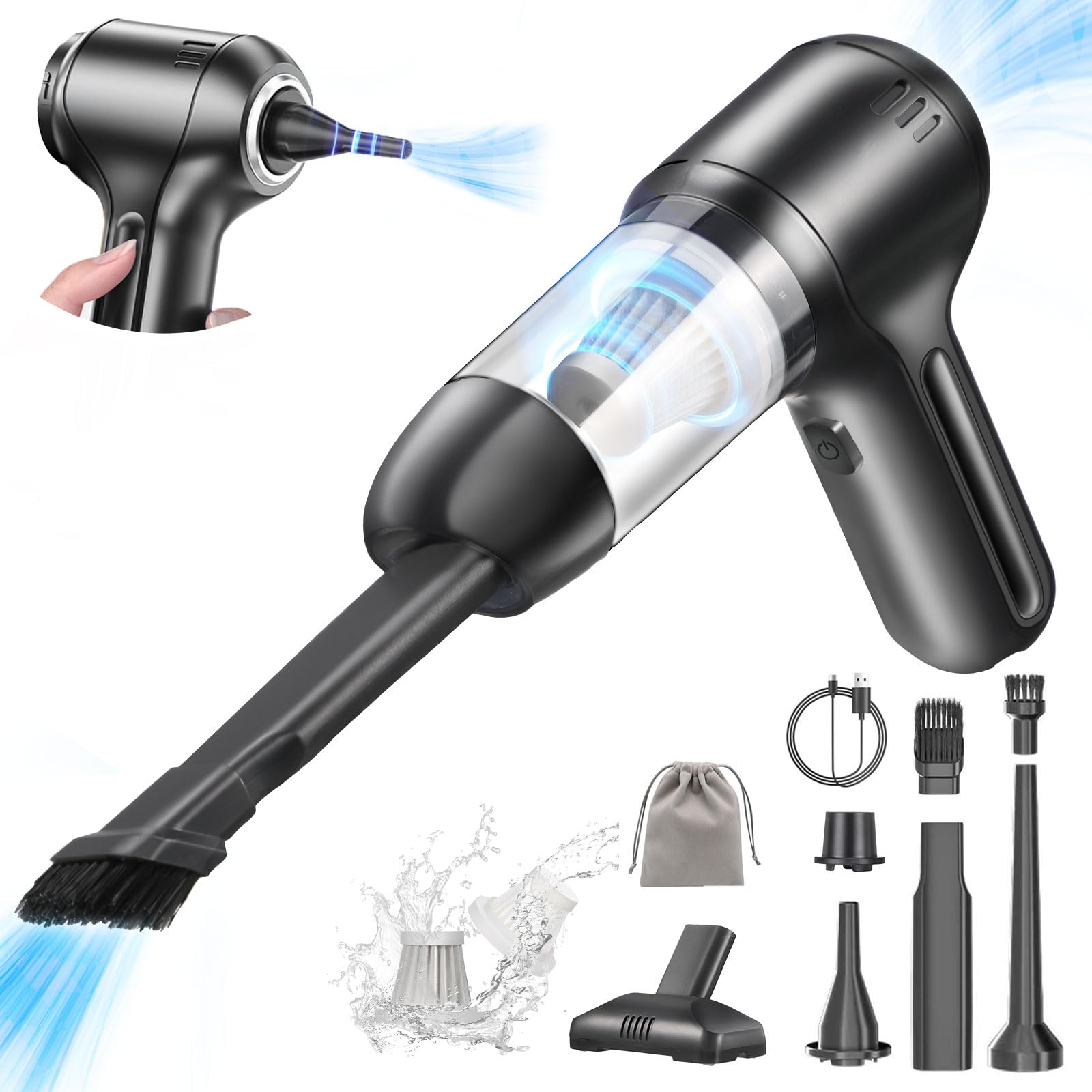 Aspirabriciole Senza Fili,15000Pa 3 in 1 Aspirapolvere Auto Portatile,Aspiratore e Soffiatore con Motore Brushless,Type-C Mini Aspirapolvere Potente per Auto Casa Ufficio Peli di Domestici