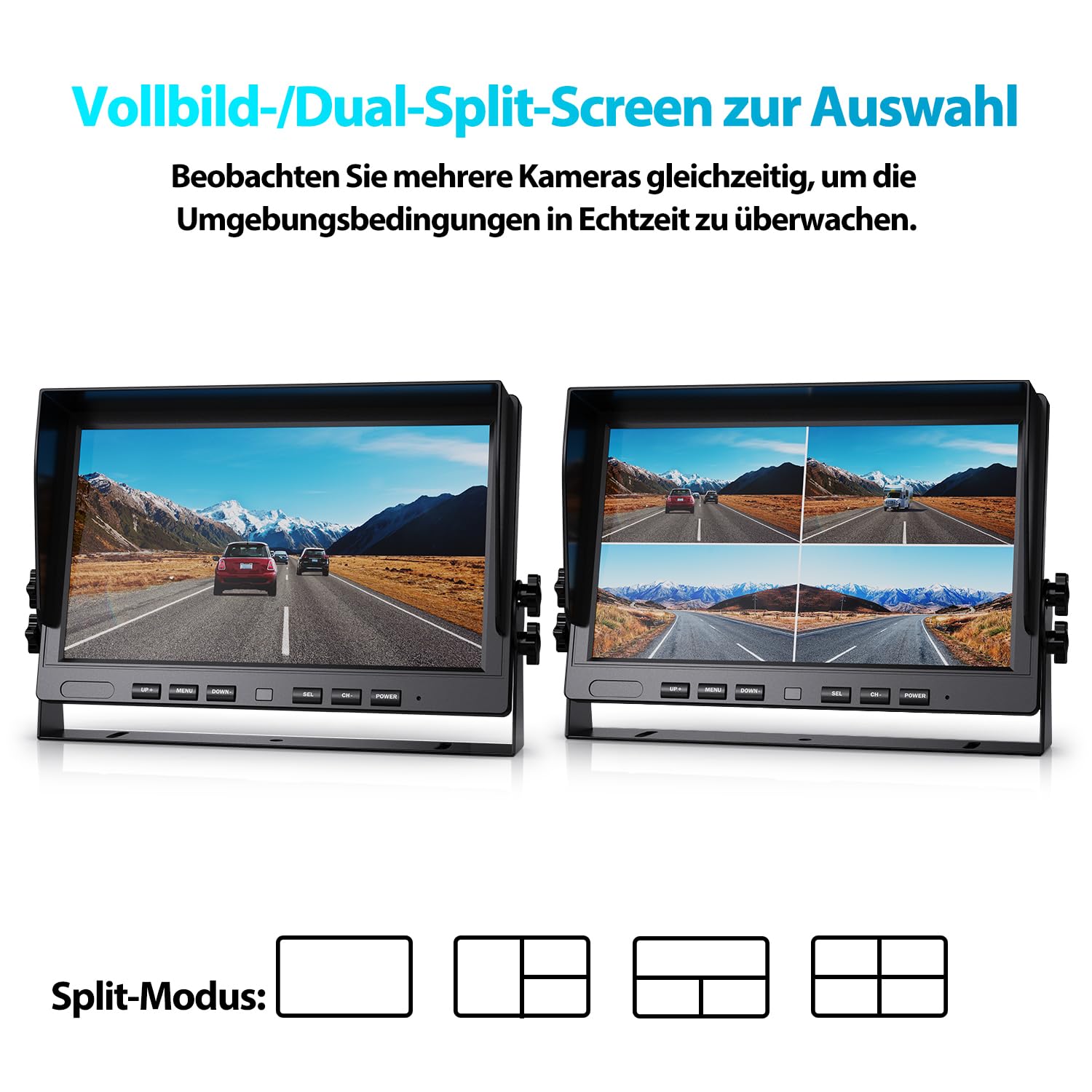 eRapta 10" Kabelloses Rückfahrkamerasystem für Wohnmobil IP69K wasserdichte | HD 1080P Digitales Rückfahrkamerasystem mit 10 Zoll Quad-Split-Loop-Aufnahmemonitor, Rückfahrkameras für LKW, Anhänger