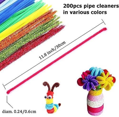 Miniatura 2 de Juego de limpieza de tuberías con tutorial de bricolaje, incluye 200 unidades de limpiadores de tuberías multicolores de chenilla, 200 pompones, 200