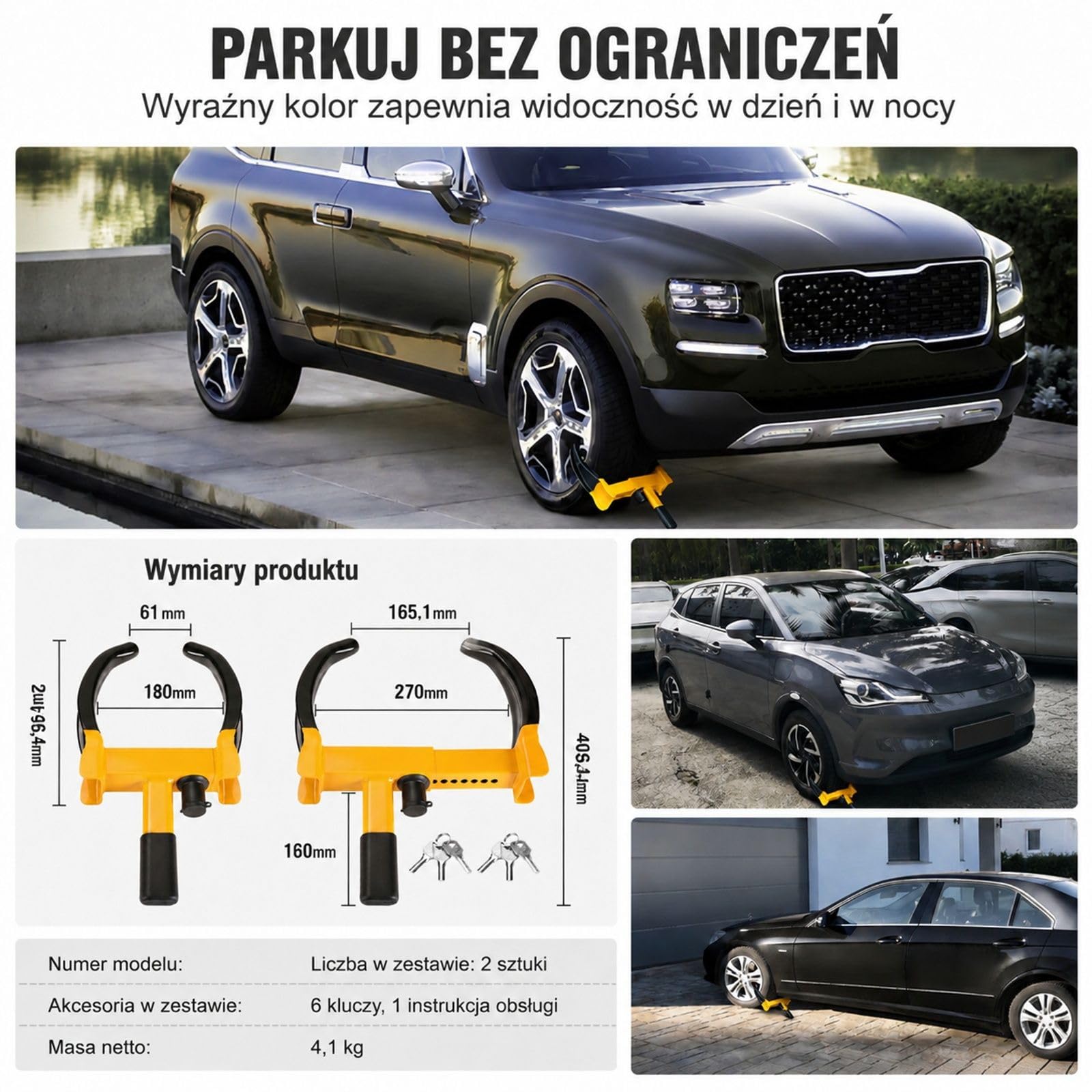 Zaciski do kół 2 szt, żółte, stal Q235, 9 regulowanych pozycji, 6 kluczy, do samochodów, SUV, przyczep i kamperów