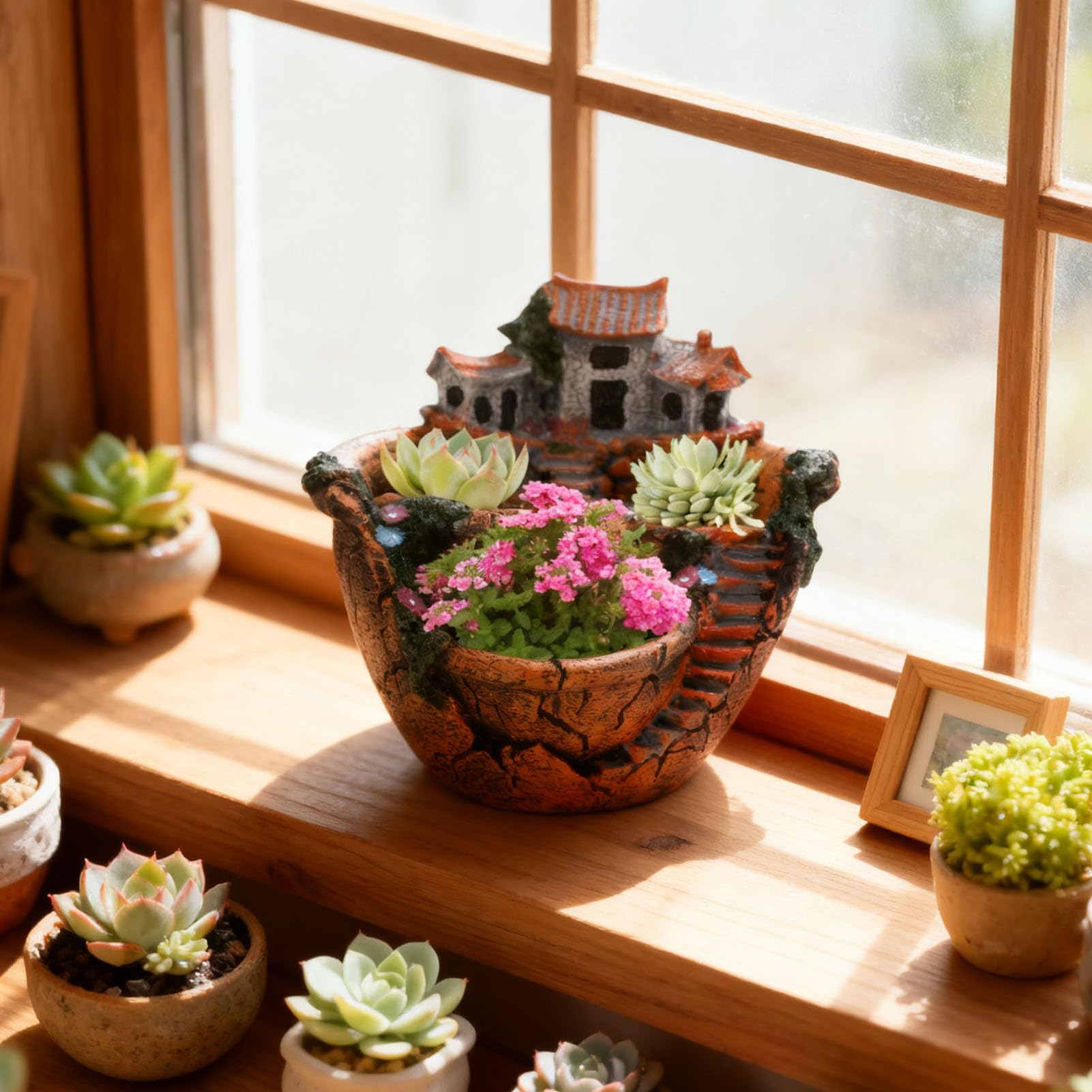 Feengarten-Pflanzgefäß, Miniatur-Landschafts-Hängeharz-Pflanzgefäß für Sukkulenten mit Gemütlichem Cottage-Design, für Heimbüro-Balkondekoration
