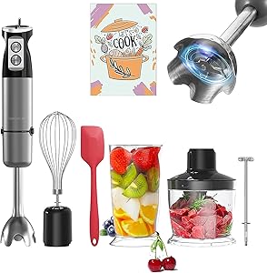 FUMONCHY Immersion Blender, Multifunctional 800 Watt 6-Speed 304 Stainless Steel Stick Hand Blender for Baby Food Sauces Soup with Food Grinder, Container, Milk Frother, Egg Whisk, Silicone Spatula, BPA Free, Black