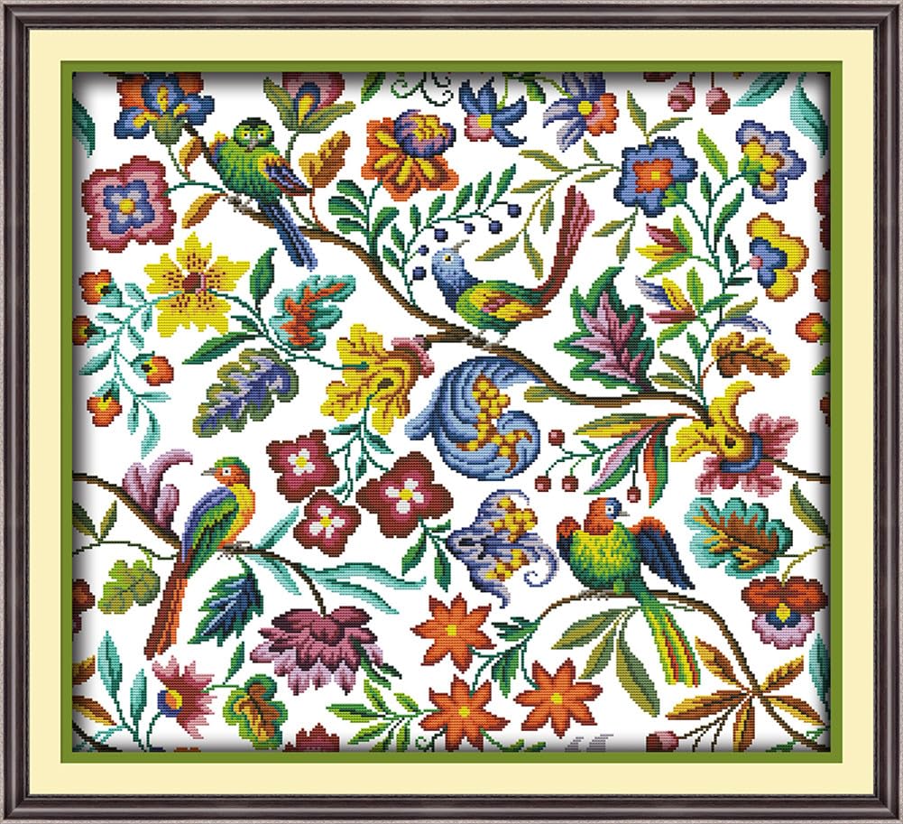 Amiiba Pre Printed Cross Stitch Kits for Adults, Birds' Twitter and Fragrance of Flowers 14ct Stamped Embroidery Kits DIY Wall Art Decor for Beginners Kids