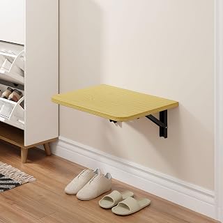 IAE 2-in-1 Wall-Mounted Folding Stool & Table - 16x12 Inch Engineered Wood Shoe Bench for Entryway, Kitchen, Bathroom, Natural