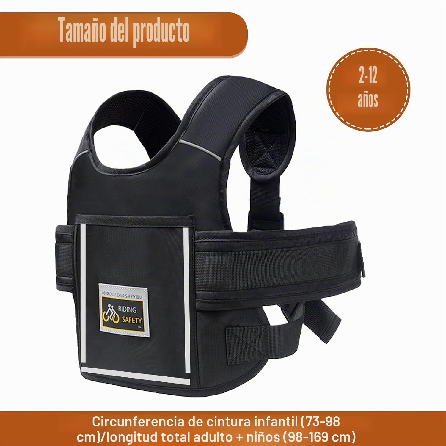 Cinturón de Moto con Bolsillo para Niños, Ajustable con Rayas Reflectantes Negro, Protección Anti-caída 1-12 Años