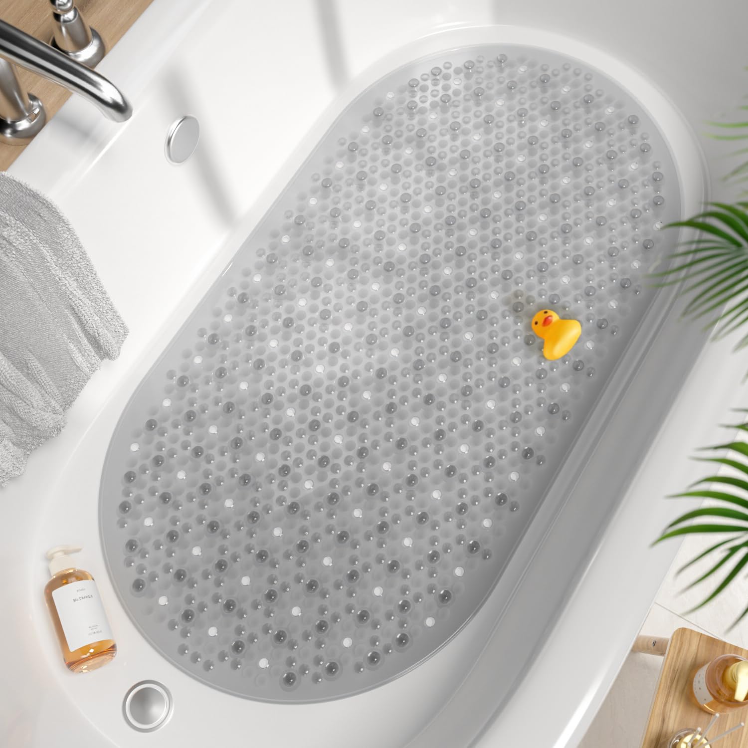 HITSLAM Oval Bathtub Mat Non Slip, 27x15 Inch Bubble Bath Tub Mat for Bathroom, Machine Washable Shower Mat with Suction Cups and Drain Holes, Grey
