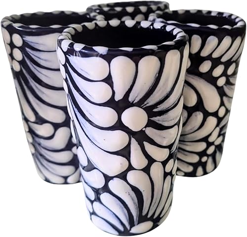 Miniatura 21 de Juego de 4 vasos de chupito Talavera auténticos mexicanos para tequila - Pintados a mano - 2 Oz (Flores naranjas)