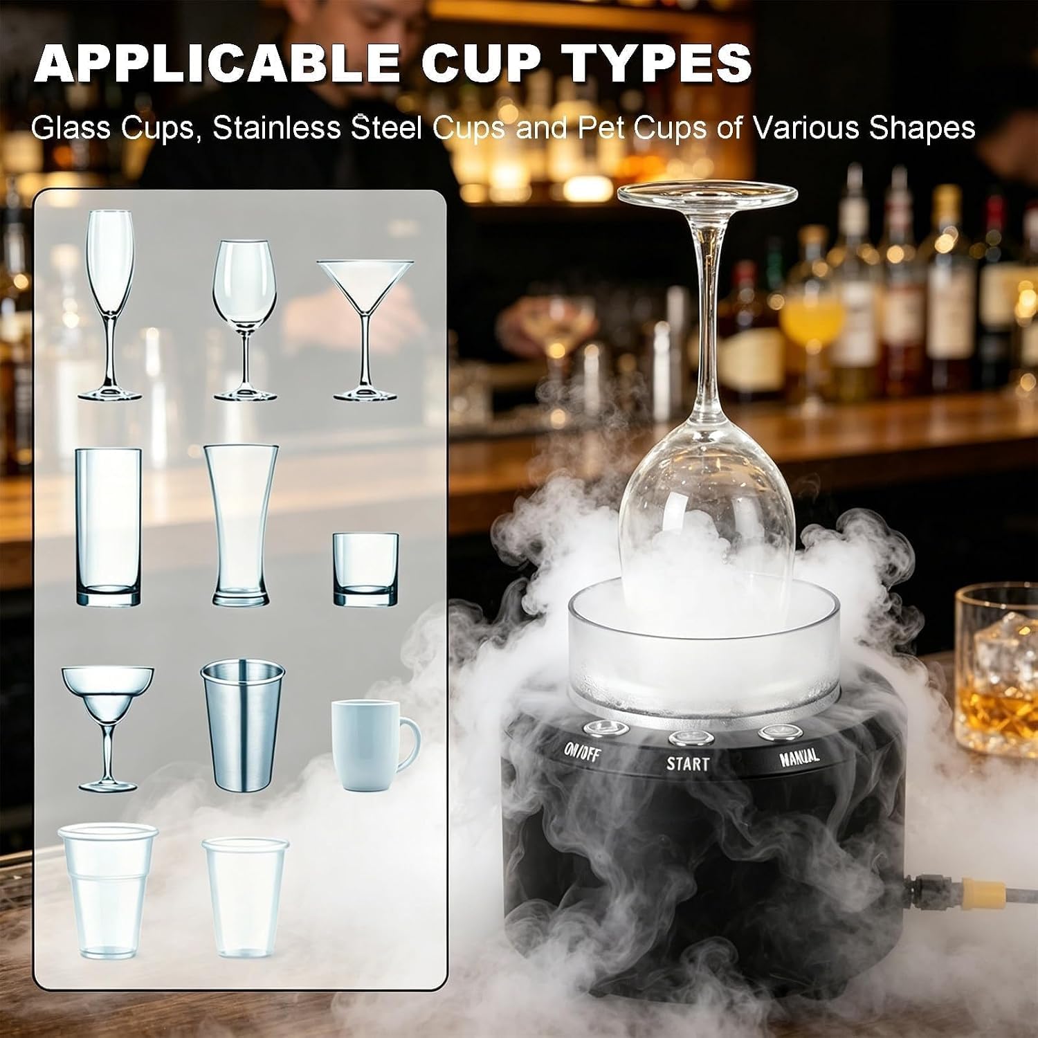Macchina per ghiaccio secco e refrigeratore per bicchieri 2 in 1 per bar, lounge, ristoranti e bar domestici.