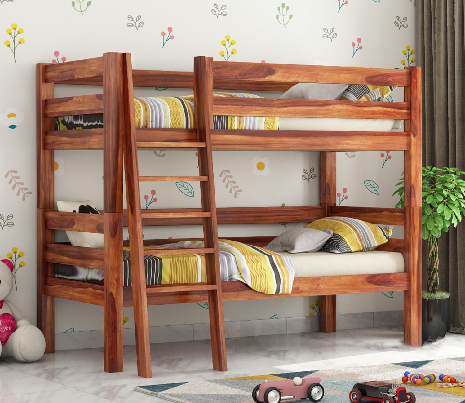 B.L. Sheesham Wood Hout Kids Bed | Wooden Twin Over Bed with Ladder for Home Bedroom Living Room Kids Room (Natural Finish)