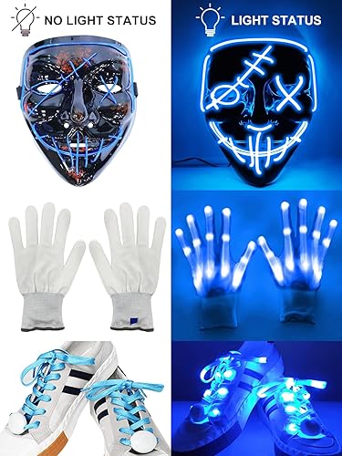 Miniatura 3 de Camlinbo 3 Set Halloween LED Mask Light up Gloves with Shoelaces Scary Glow in the Dark Halloween Costume Party Kids