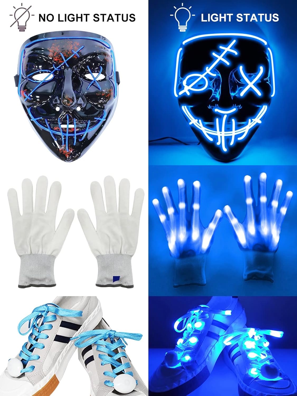 Miniatura 3 de Camlinbo 3 Set Halloween LED Mask Light up Gloves with Shoelaces Scary Glow in the Dark Halloween Costume Party Kids