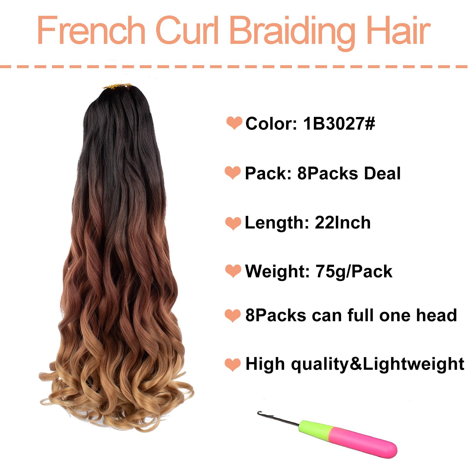 Mscat 22 Inch 8 Packs Pre Stretched French Curly Braiding Hair Loose Wave Bouncy Hair Extensions 1B3027#, 22 Inch (Pack of 8) - Image 2