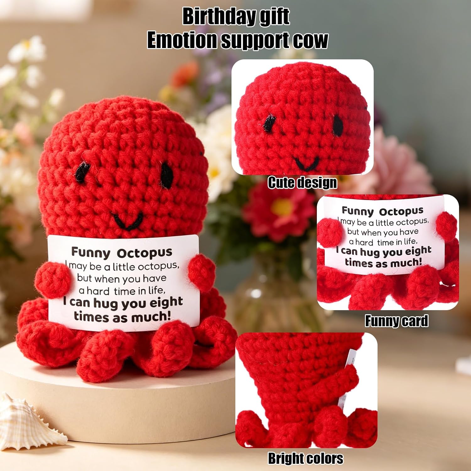 TOYMIS Octopus, Funny Crochet Animals Emotional Inspirational Plush Positive Support Knitted Doll Octopus Perfect Cheer Up Gifts and Decorations for Home Office Party Favors(Red)