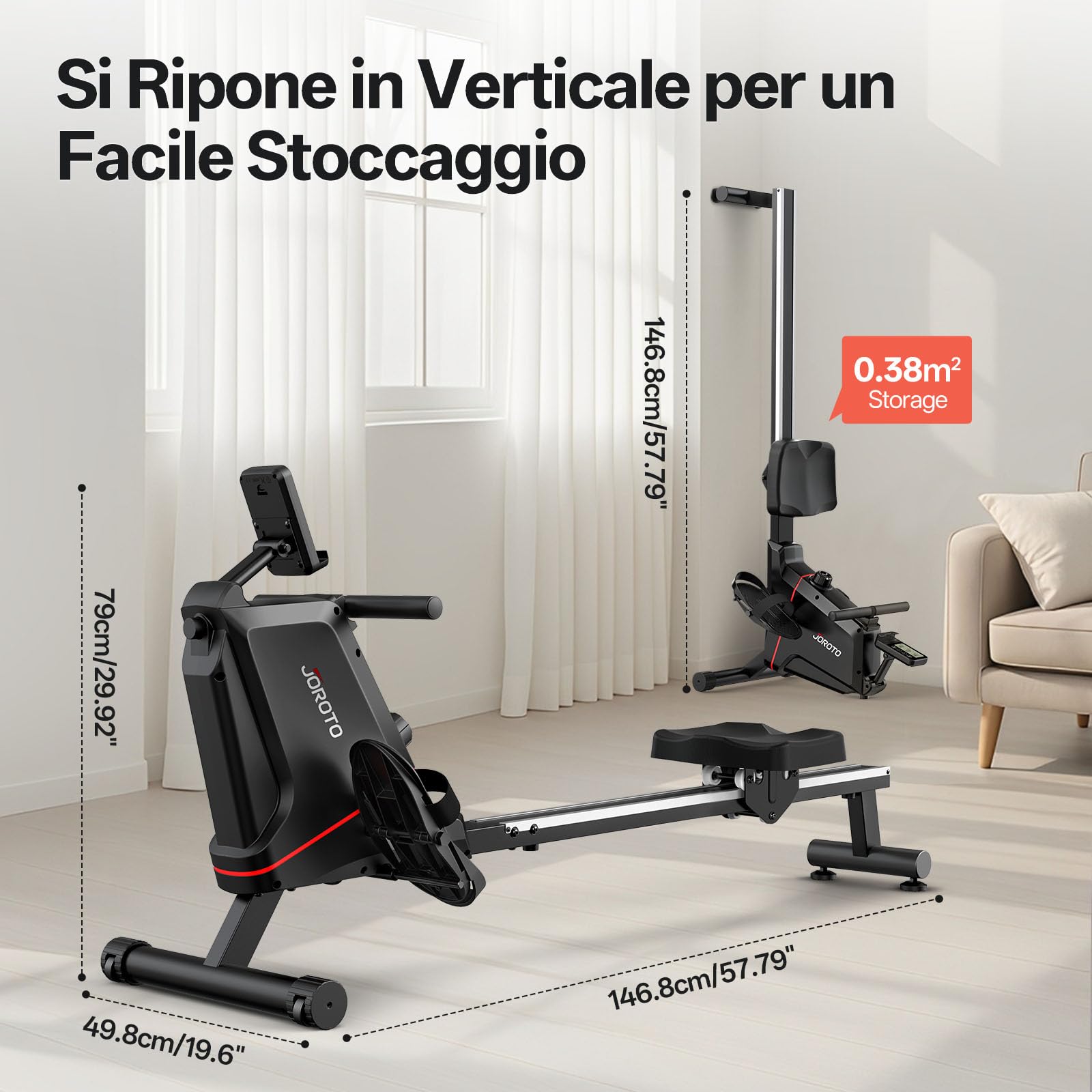 JOROTO Vogatore per Casa, Vogatore Magnetico Silenzioso con Monitor Bluetooth, Carico Massimo 160 KG, Facile da Montare, Stoccaggio Verticale, Salvaspazio