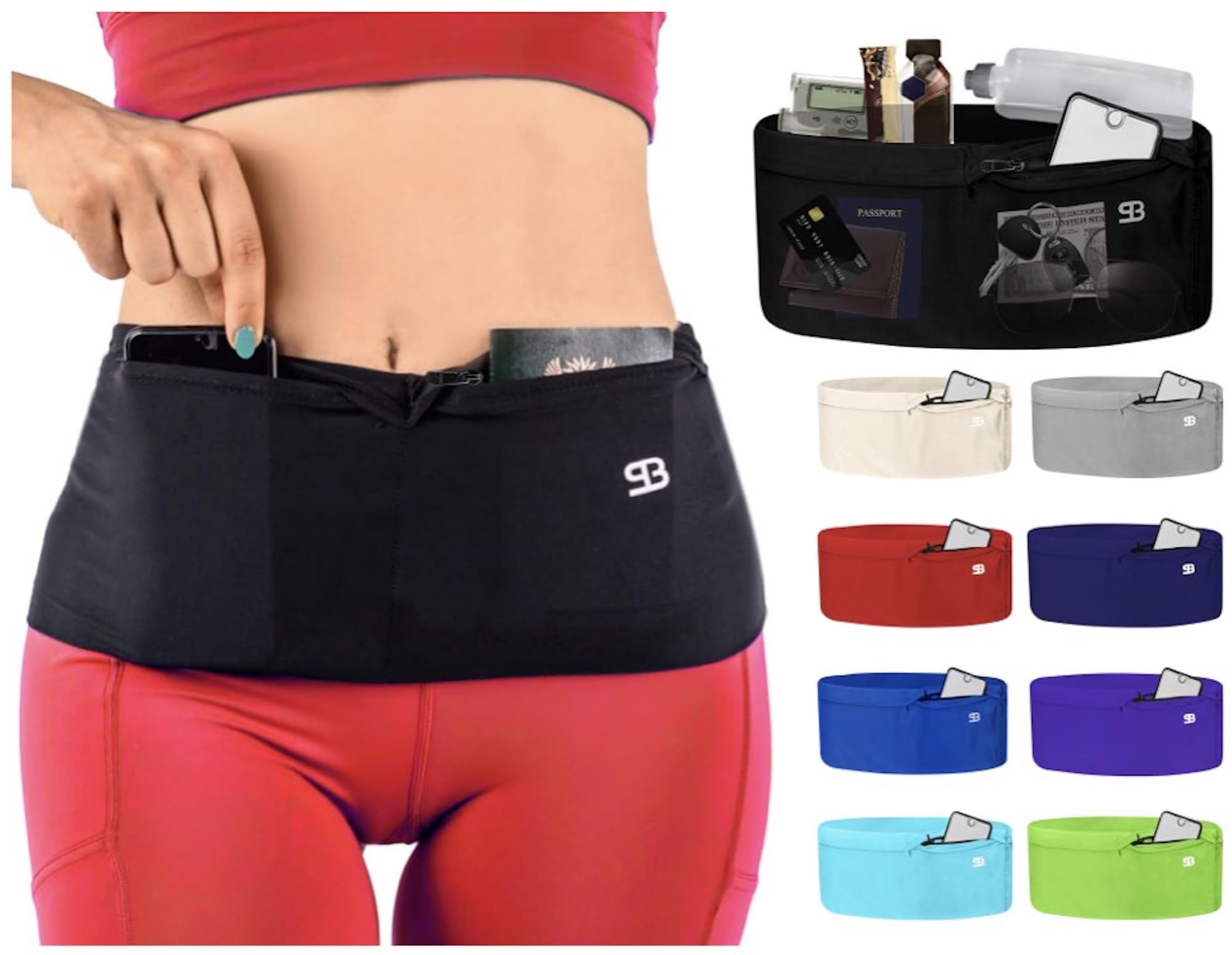 Stashbandz Unisex Travel Money Belt, Running Belt, Fanny and Waist Pack, 4 Large Security Pockets and Zipper, Fits Phones Passport and More, Extra Wide Spandex