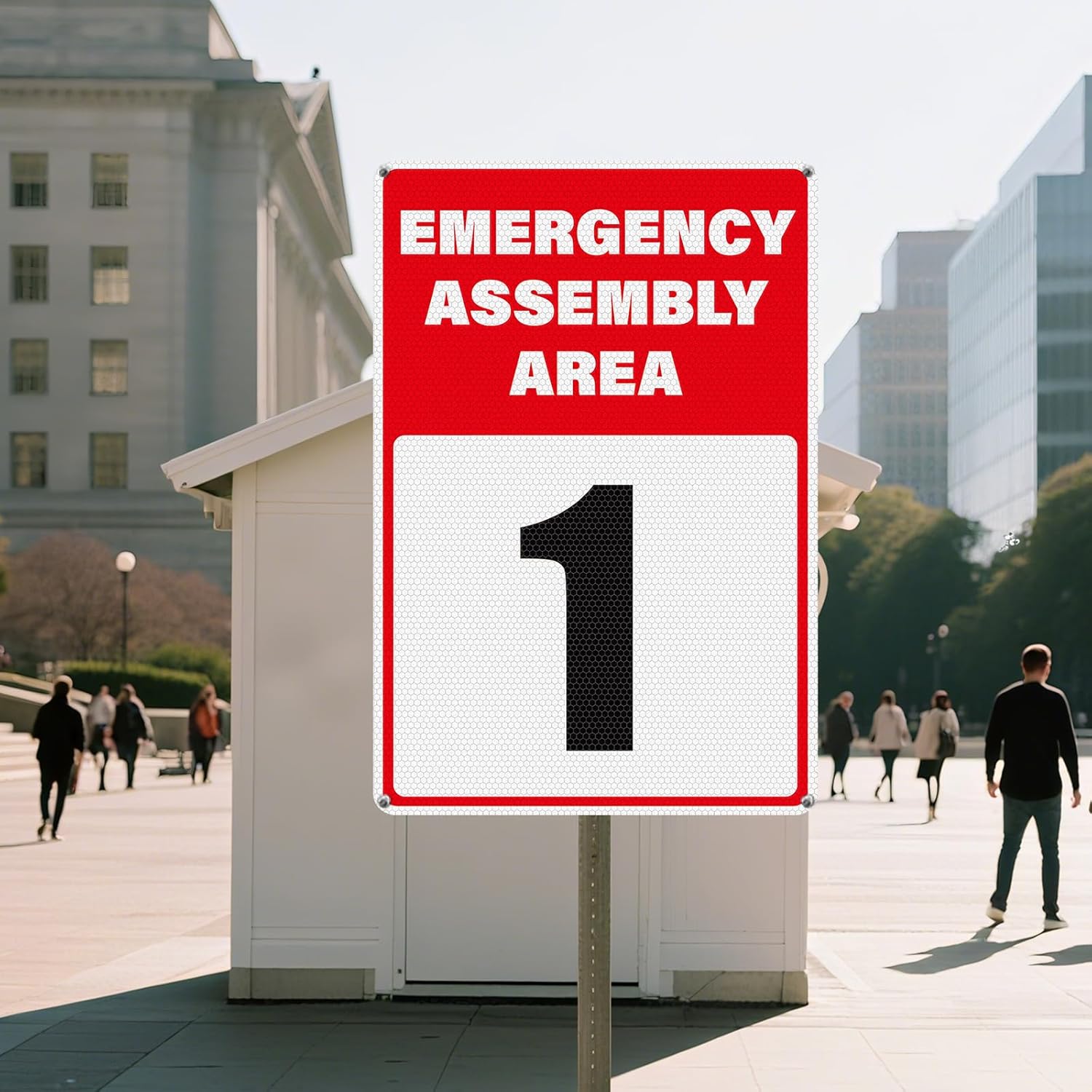 2 Pack Emergency Assembly Area 1 Sign 18 × 12 Inches Aluminum Reflective Safety Signage with Pre-Drilled Holes for Business Construction Site Warehouse