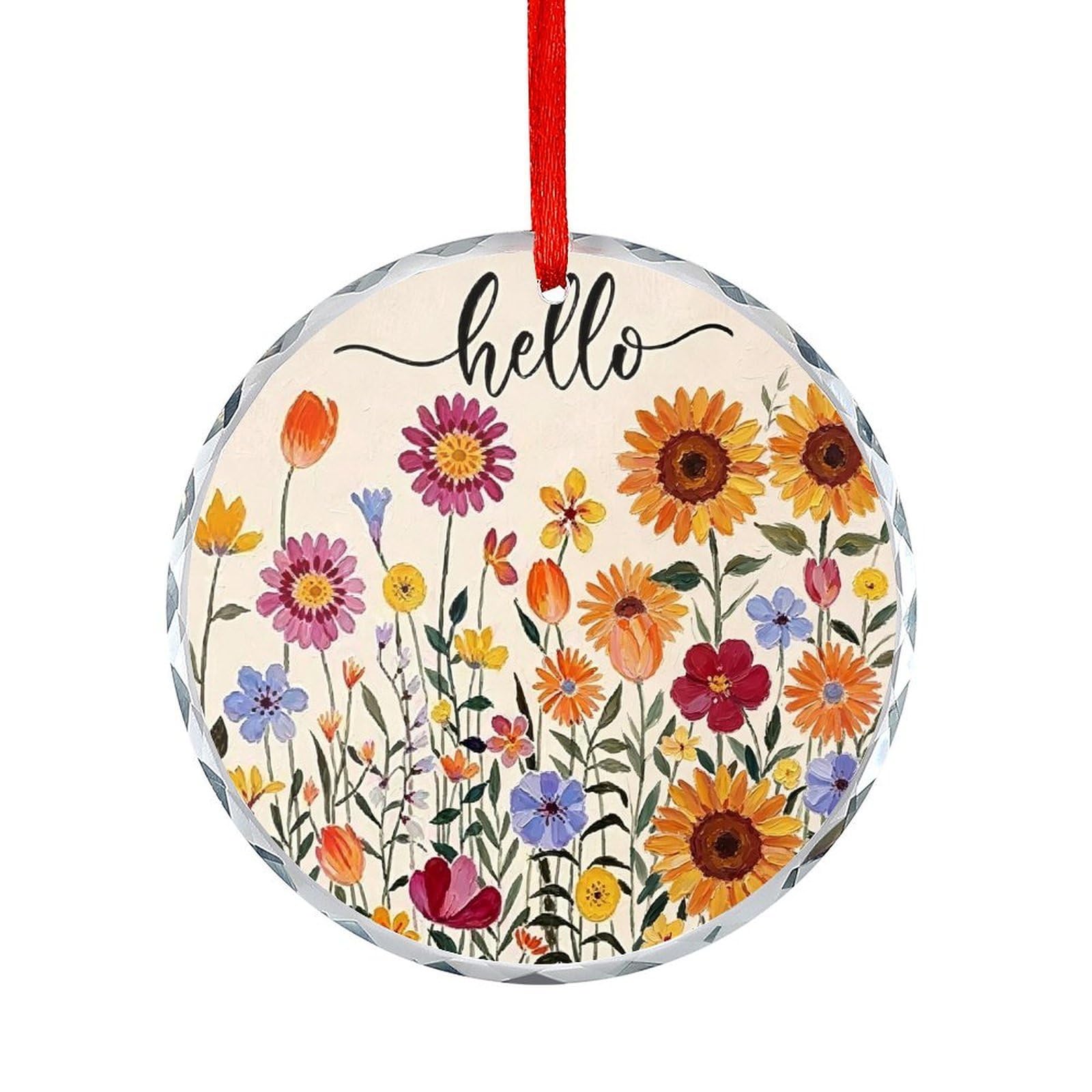 Btcowzrv Style Hello Spring Floral Round Ornament Hanging Pendant Decor