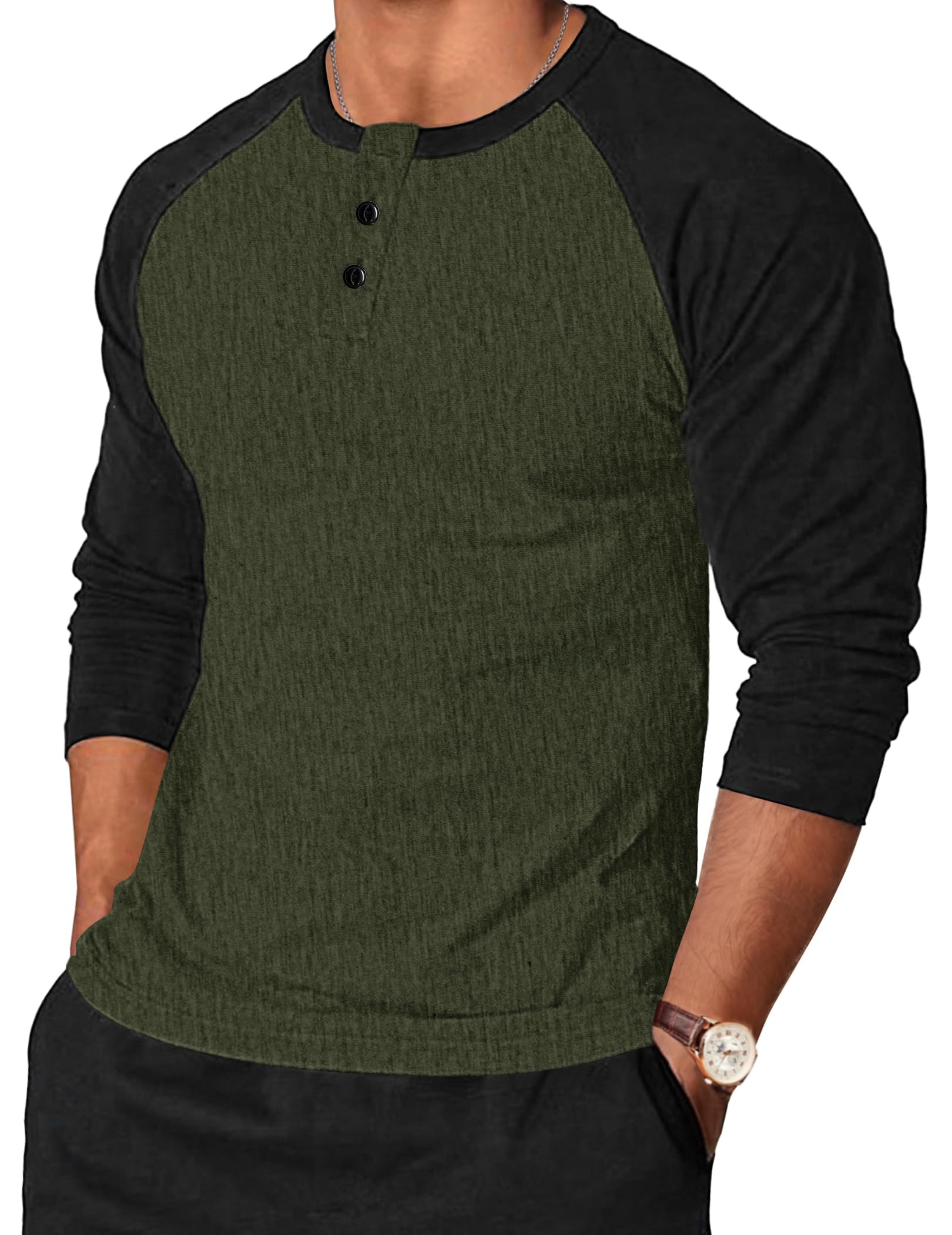 TARAINYA Henley Shirt Herren Baumwolle Longsleeve Langarmshirt Pullover Männer mit Knopfleiste Armeegrün Schwarz L