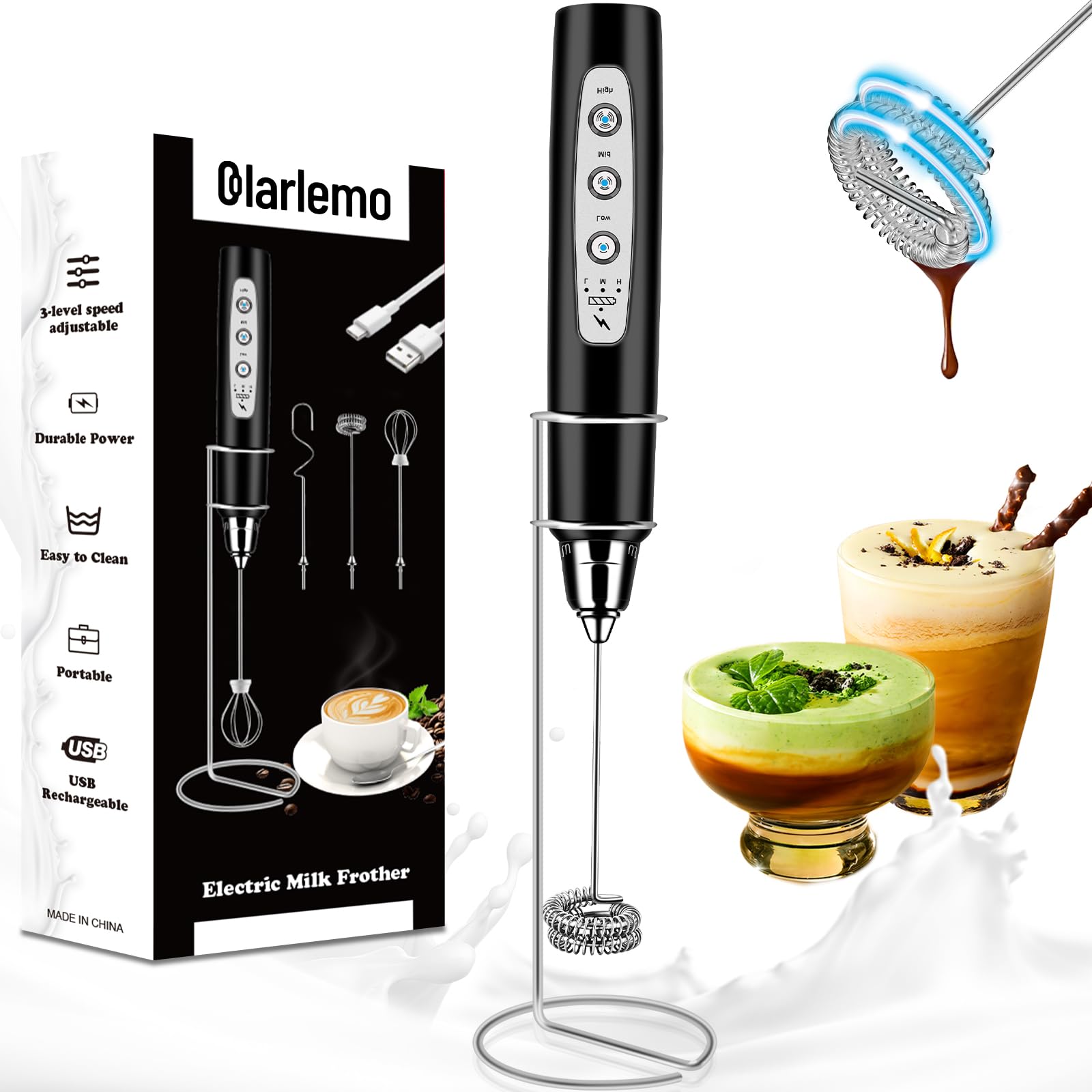 Colarlemo Milk Frother Handheld Rechargeable with Stand Frother Wand Drink Mixer Electric Whisk for Coffee Detachable With 3