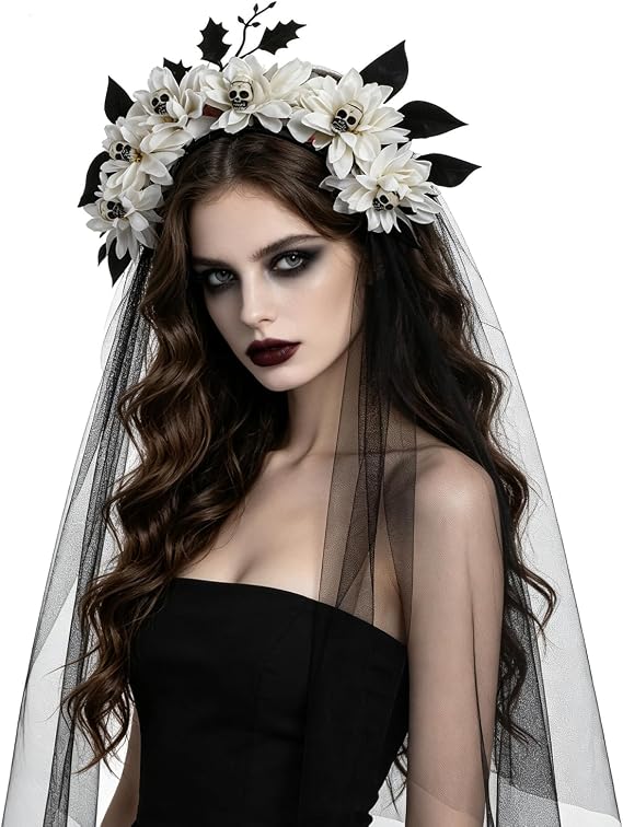 SIQITECHNO Skull Flower Crown Headband with Veil for Halloween Cosplay