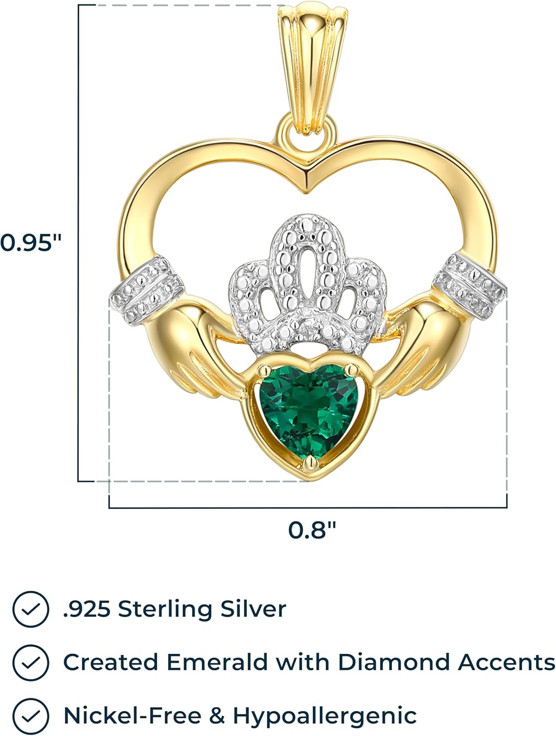 MORGAN & PAIGE .925 Sterling Silver 18K Gold Plated Claddagh Heart Pendant Necklace with Gemstone and Diamond Accent - Irish Jewelry Birthstone Heart Pendant Unique Gifts, Gold Necklace for Women 18"