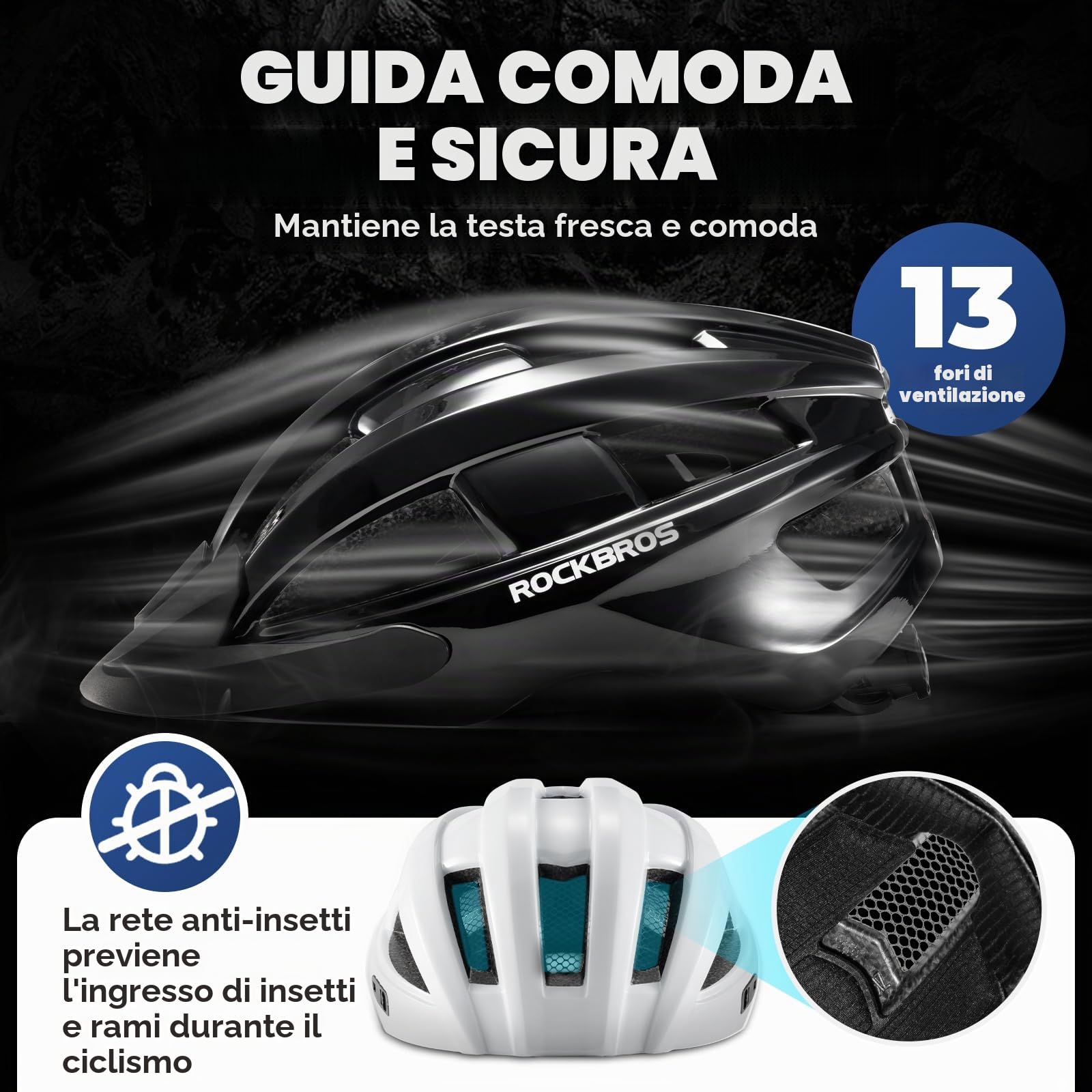 ROCKBROS Casco Bici con Luce di LED, Casco per Bici con Visiera Traspirante Lenti Magnetiche UV400, Caschi da Bicicletta Regolabile Uomo Donna MTB, 55-61 cm