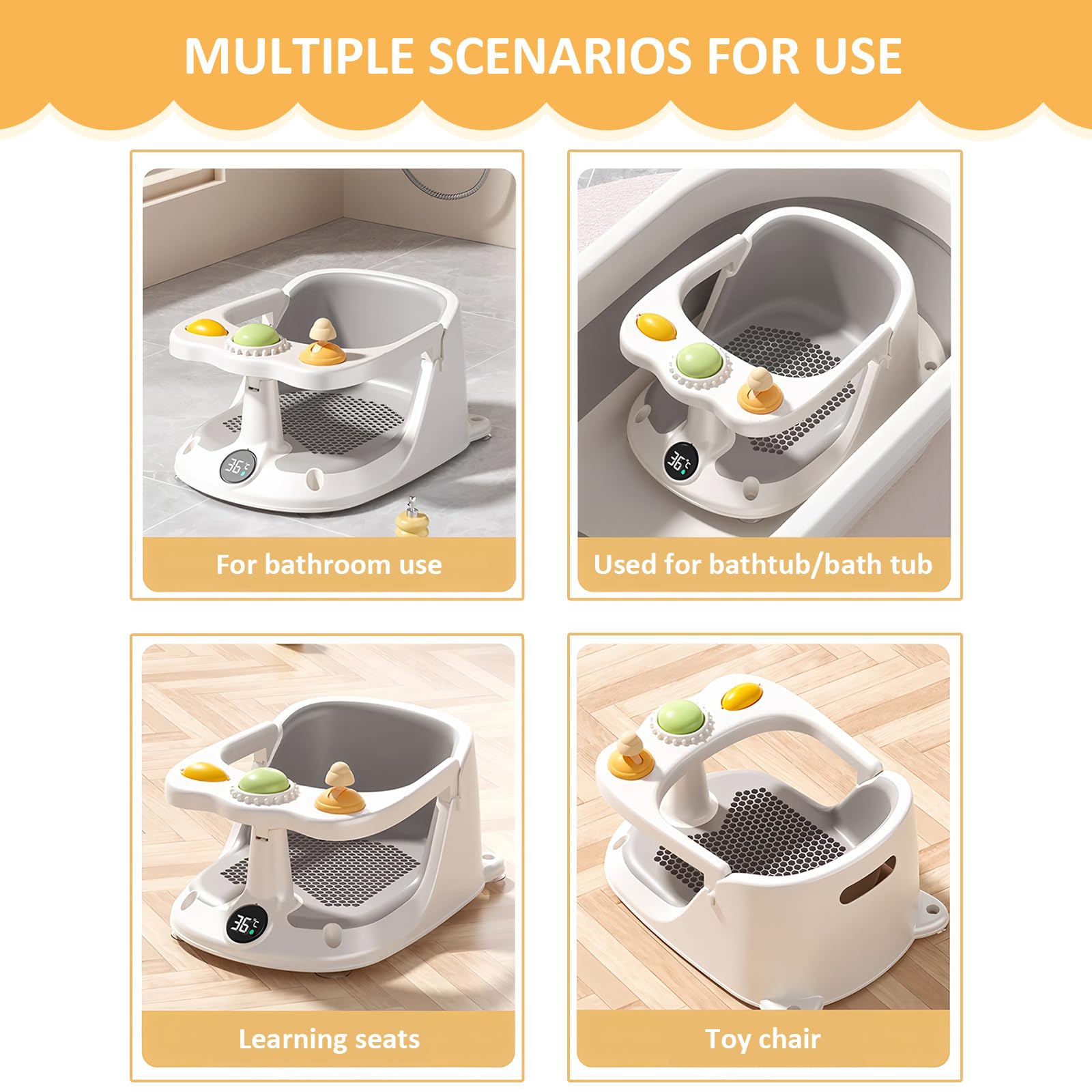 Vinteky Baby Badesitz Badewannensitz Sitzhilfe grau, Ab 6 Monate, Rutschfeste und hoher Sitzkomfort 360° Rundumschutz, mit Activity-Board&Temperaturfühler&4-starken Saugnäpfen