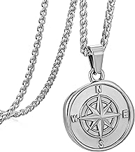 murtoo Men's Necklace, Compass Pendant Necklace, Vintage Silver Coin Pendant for Men Women, Stainless Steel Necklace Gift Ideas for Men Women